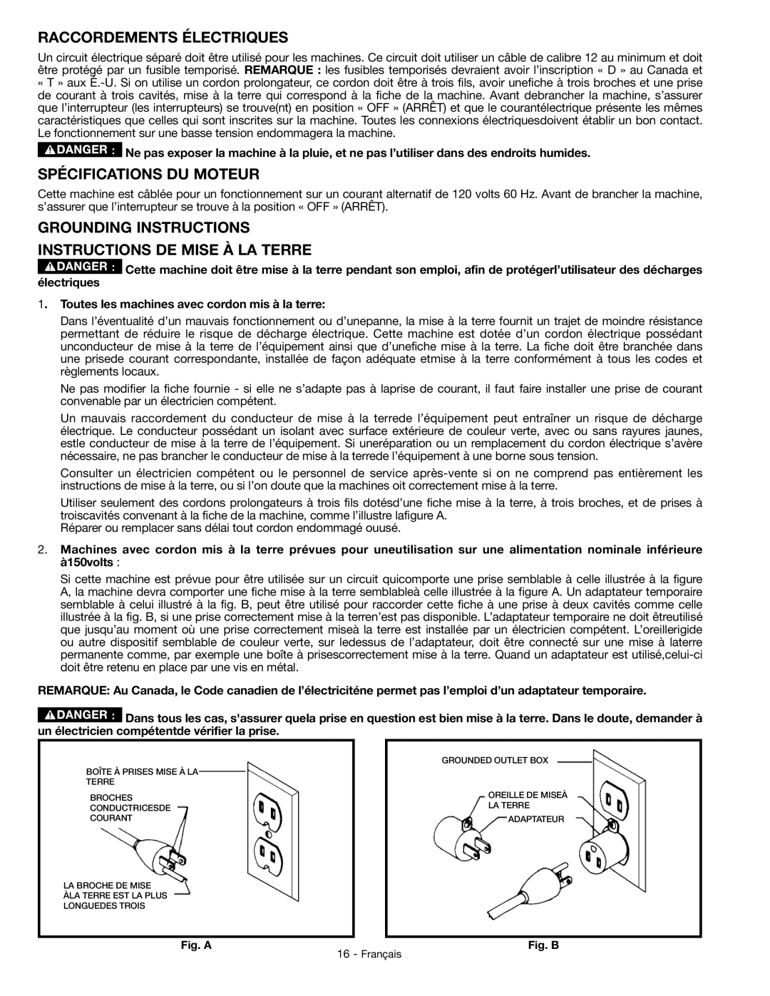 Delta GR150 Raccordements Électriques, Spécifications DU Moteur, Grounding Instructions Instructions DE Mise À LA Terre 