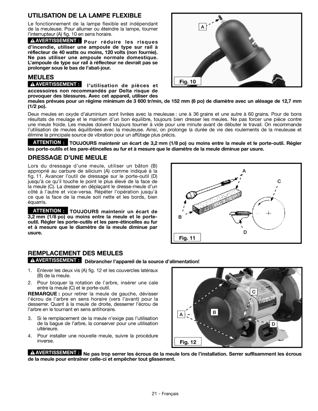 Delta GR150 instruction manual Utilisation DE LA Lampe Flexible, Dressage D’UNE Meule, Remplacement DES Meules 