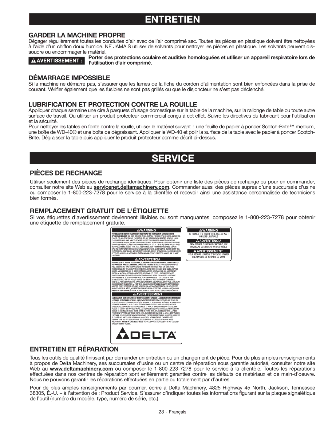 Delta GR150 instruction manual Entretien 