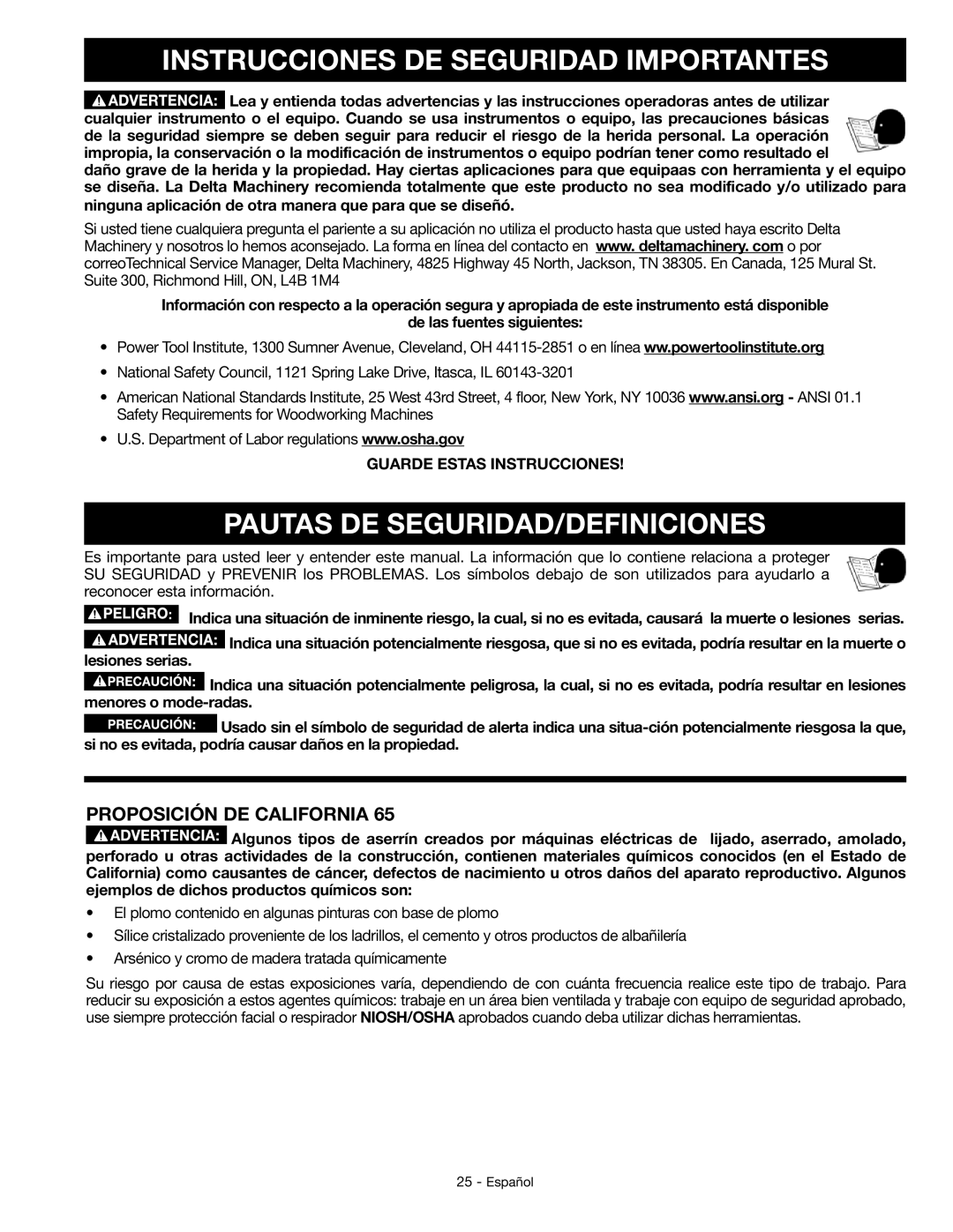 Delta GR150 Instrucciones DE Seguridad Importantes, Pautas DE SEGURIDAD/DEFINICIONES, Proposición DE California 