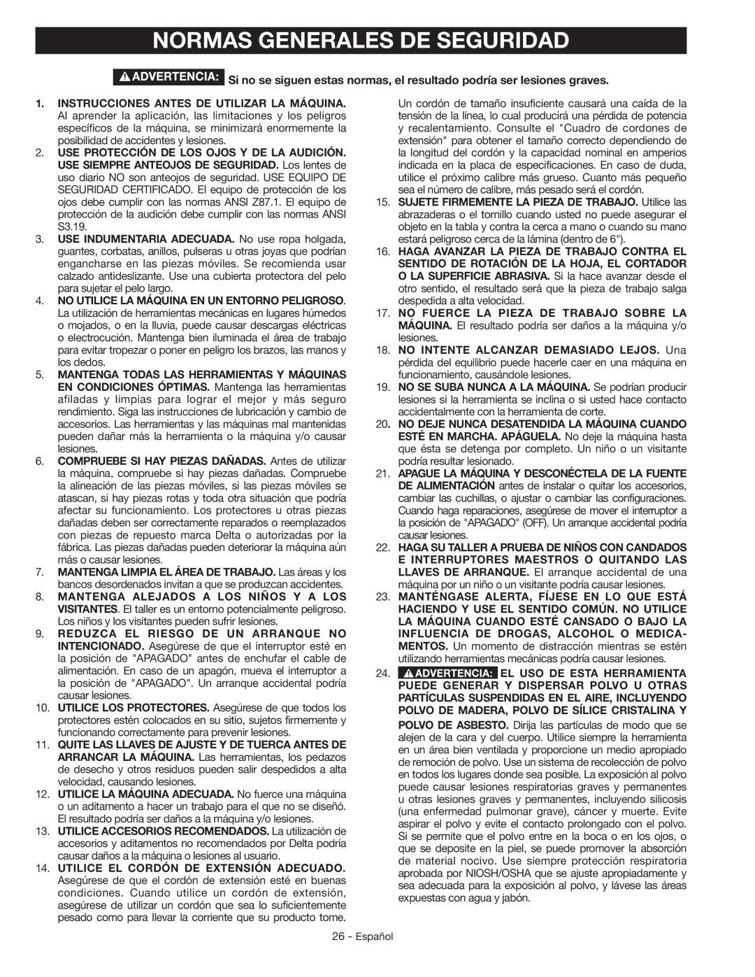 Delta GR150 instruction manual Normas Generales DE Seguridad 