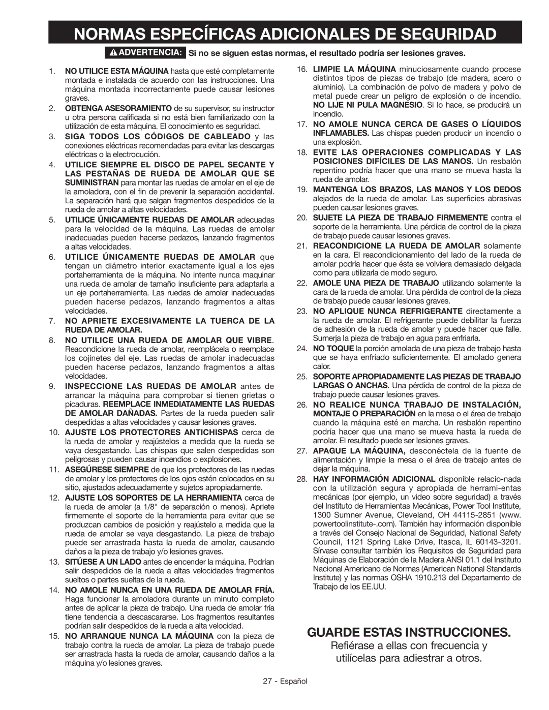 Delta GR150 Normas Específicas Adicionales DE Seguridad, No Apriete Excesivamente LA Tuerca DE LA Rueda DE Amolar 