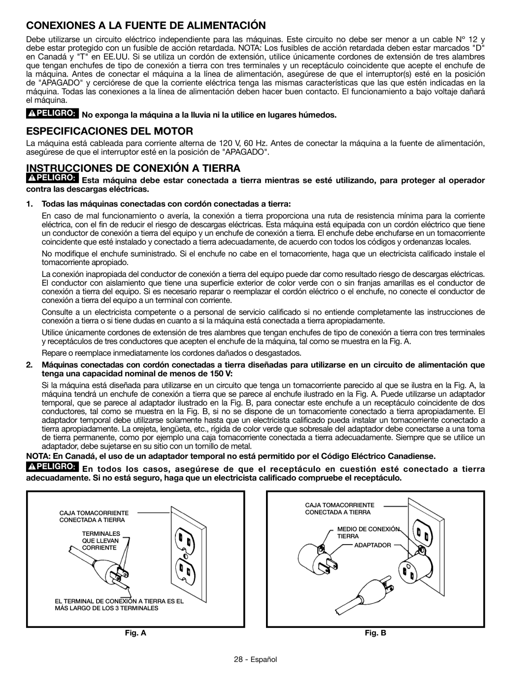 Delta GR150 Conexiones a LA Fuente DE Alimentación, Especificaciones DEL Motor, Instrucciones DE Conexión a Tierra 