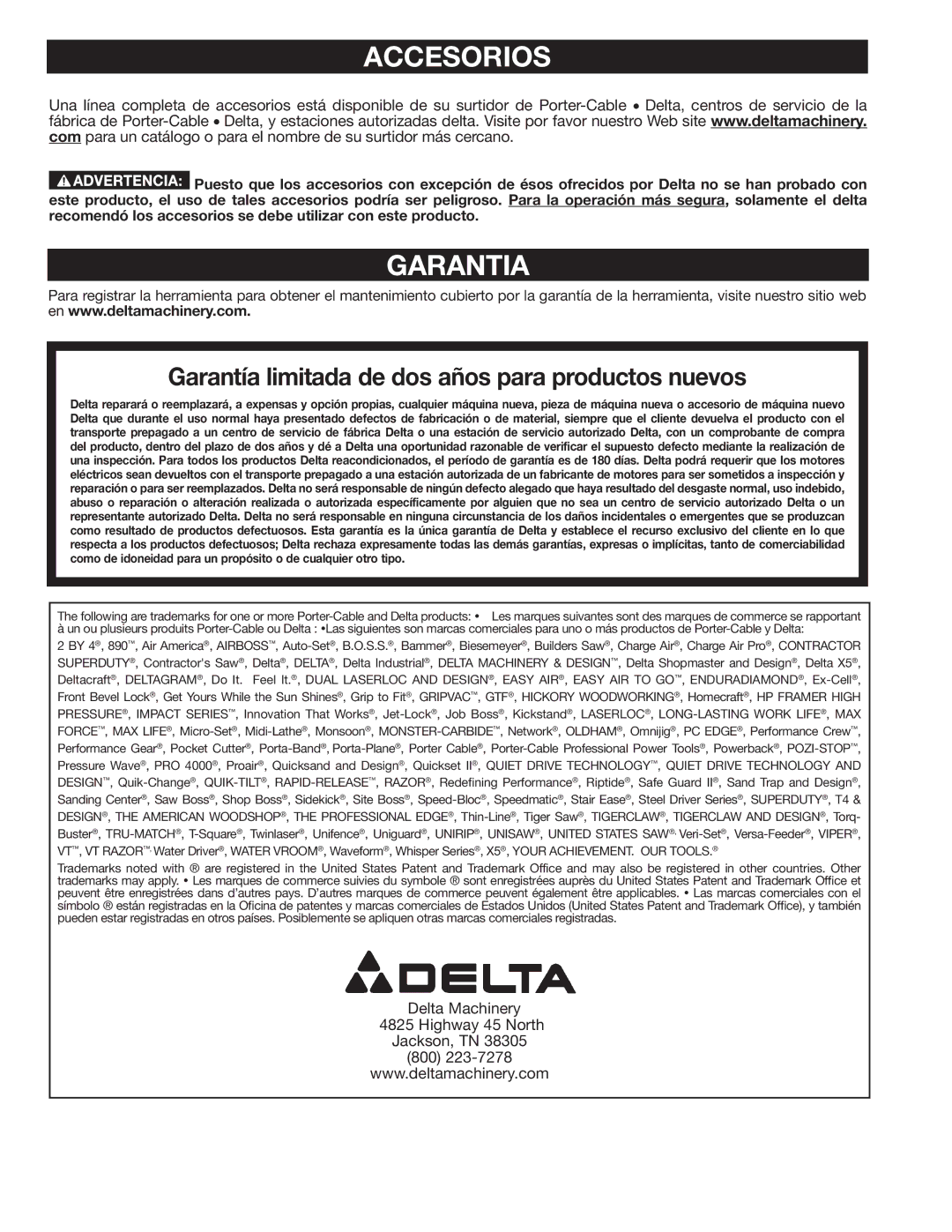 Delta GR150 instruction manual Accesorios, Garantia 