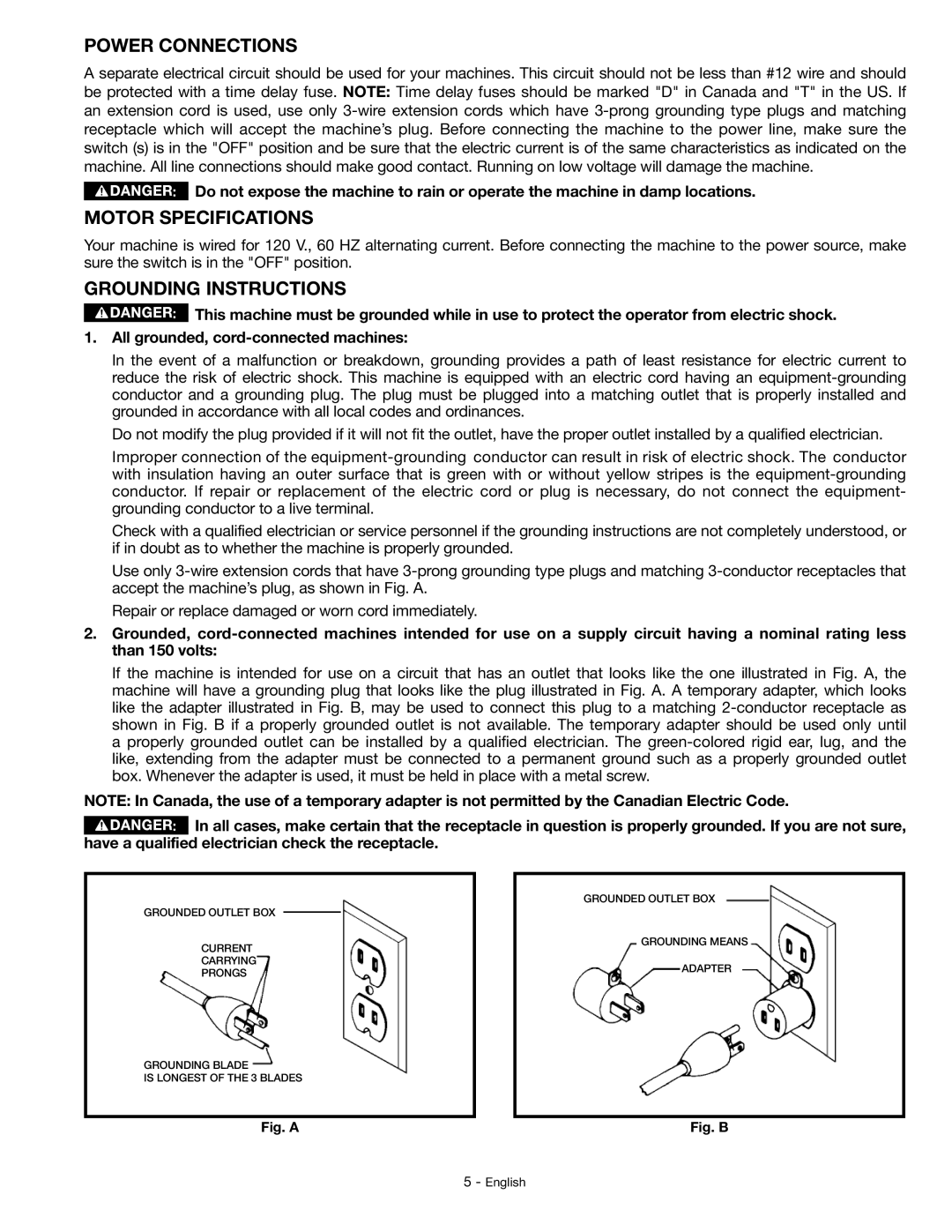 Delta GR150 instruction manual Power Connections, Motor Specifications, Grounding Instructions 