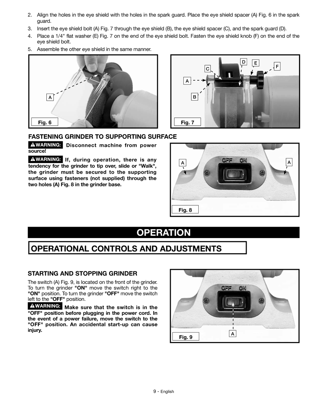 Delta GR150 instruction manual Operation, Fastening Grinder to Supporting Surface, Starting and Stopping Grinder 