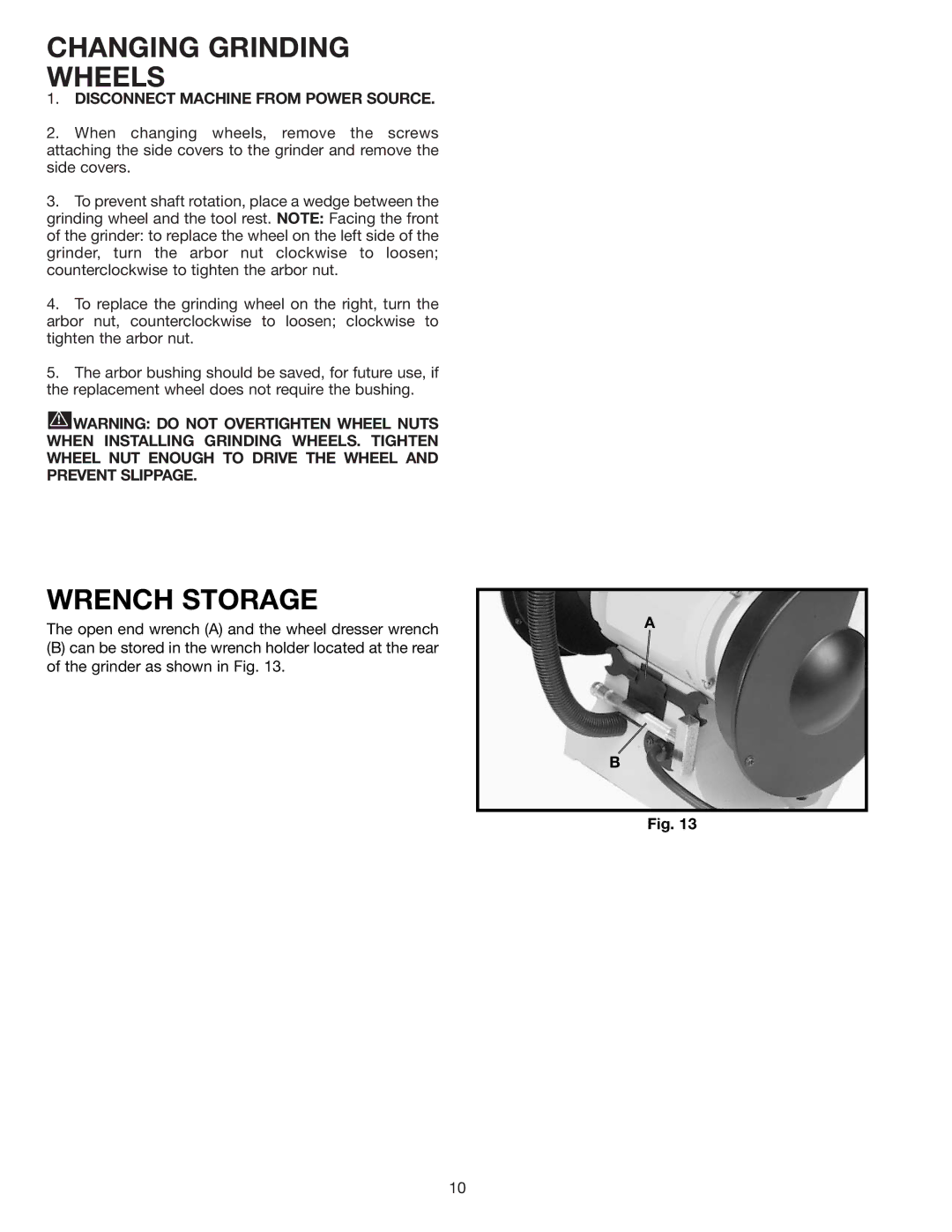 Delta GR250 instruction manual Changing Grinding Wheels, Wrench Storage 