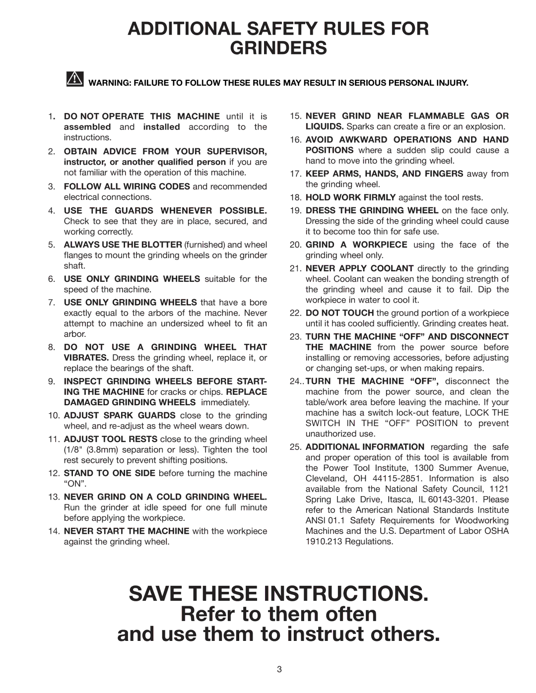 Delta GR250 instruction manual Refer to them often Use them to instruct others, Additional Safety Rules for Grinders 