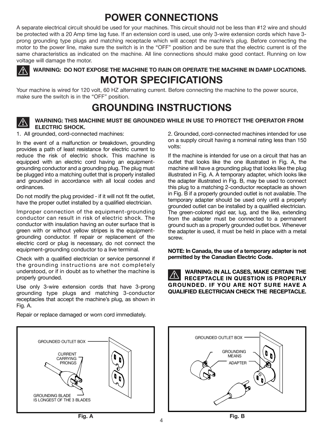 Delta GR250 instruction manual Power Connections, Motor Specifications, Grounding Instructions 