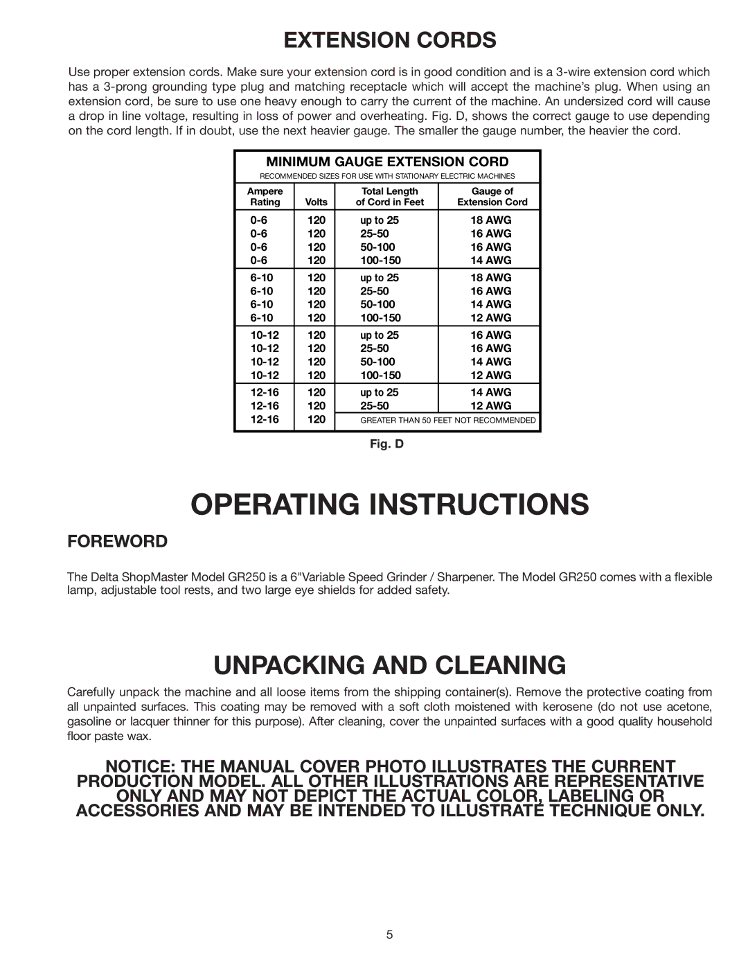 Delta GR250 instruction manual Unpacking and Cleaning, Extension Cords 