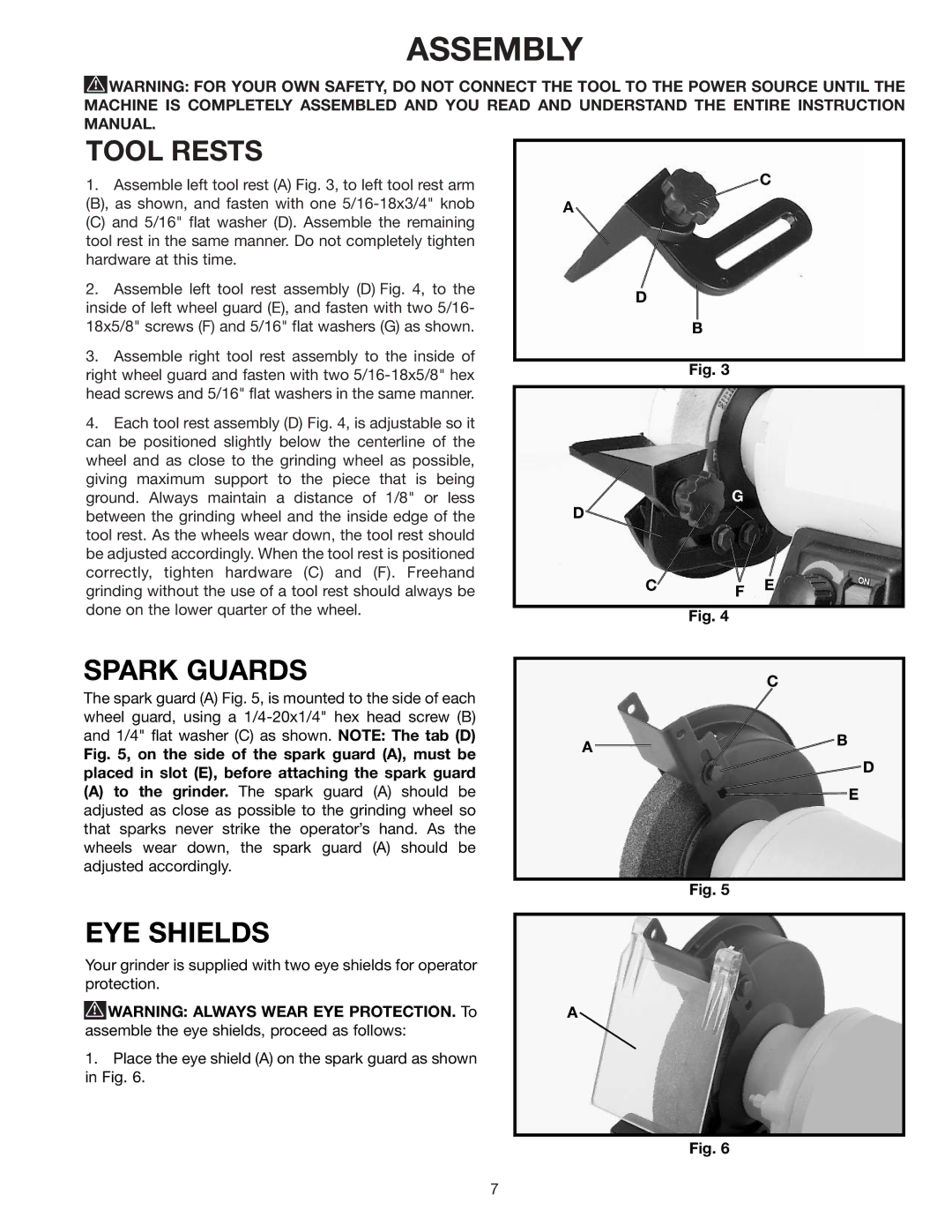 Delta GR250 instruction manual Assembly, Tool Rests, Spark Guards, EYE Shields 