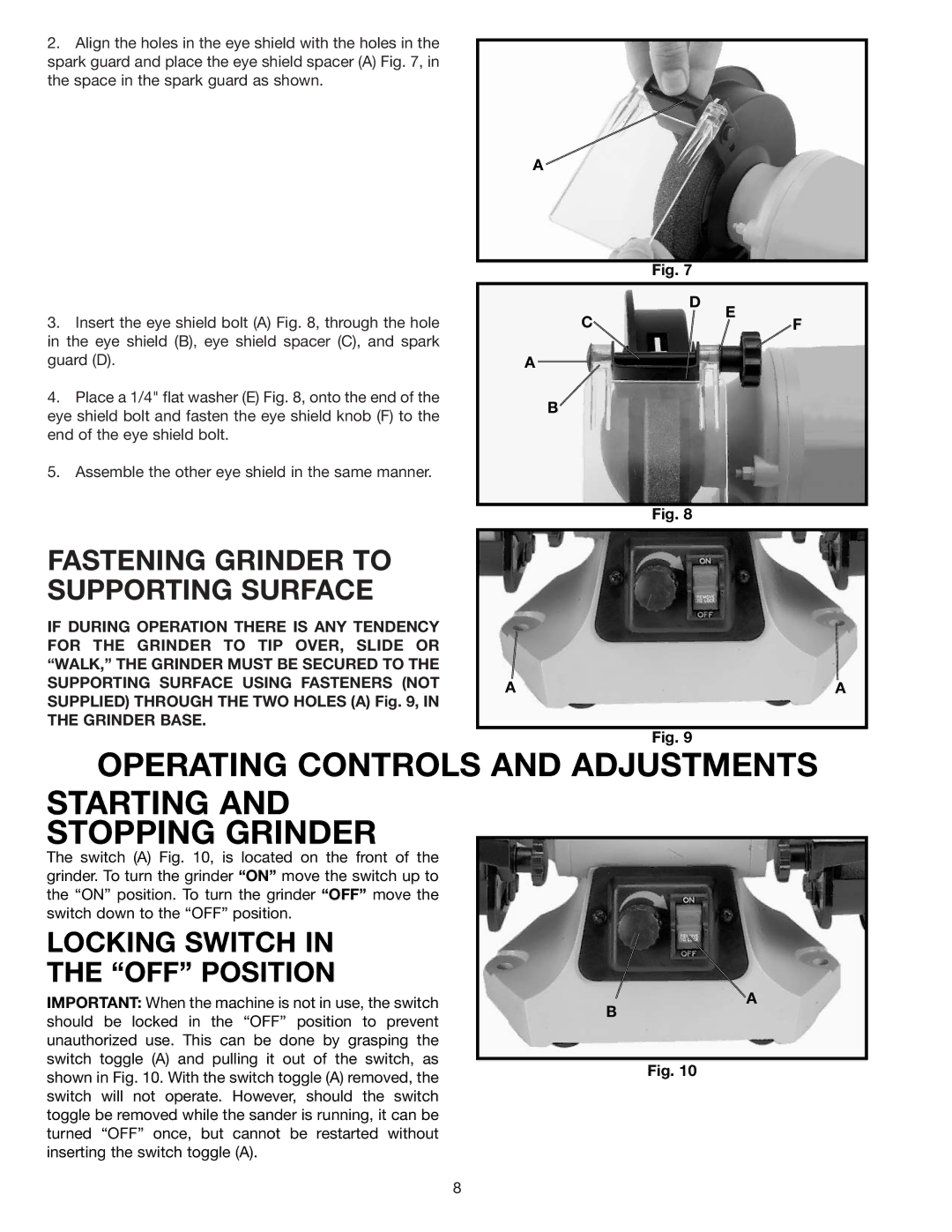 Delta GR250 instruction manual Fastening Grinder to Supporting Surface, Locking Switch OFF Position 