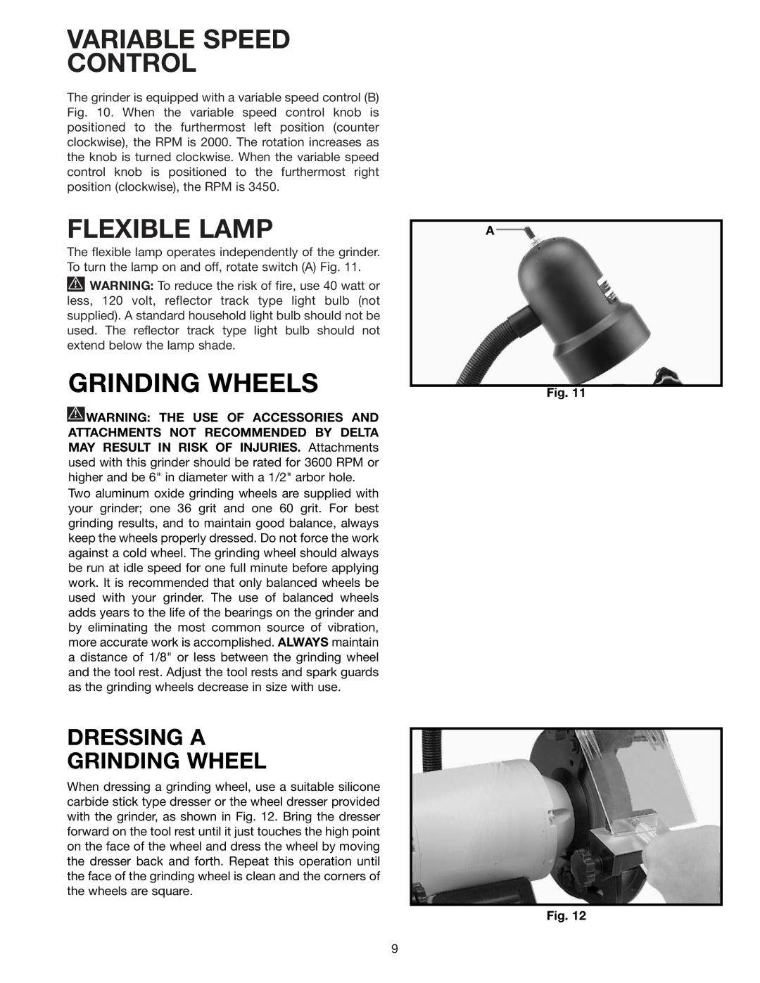 Delta GR250 instruction manual Variable Speed Control, Flexible Lamp, Grinding Wheels, Dressing a Grinding Wheel 