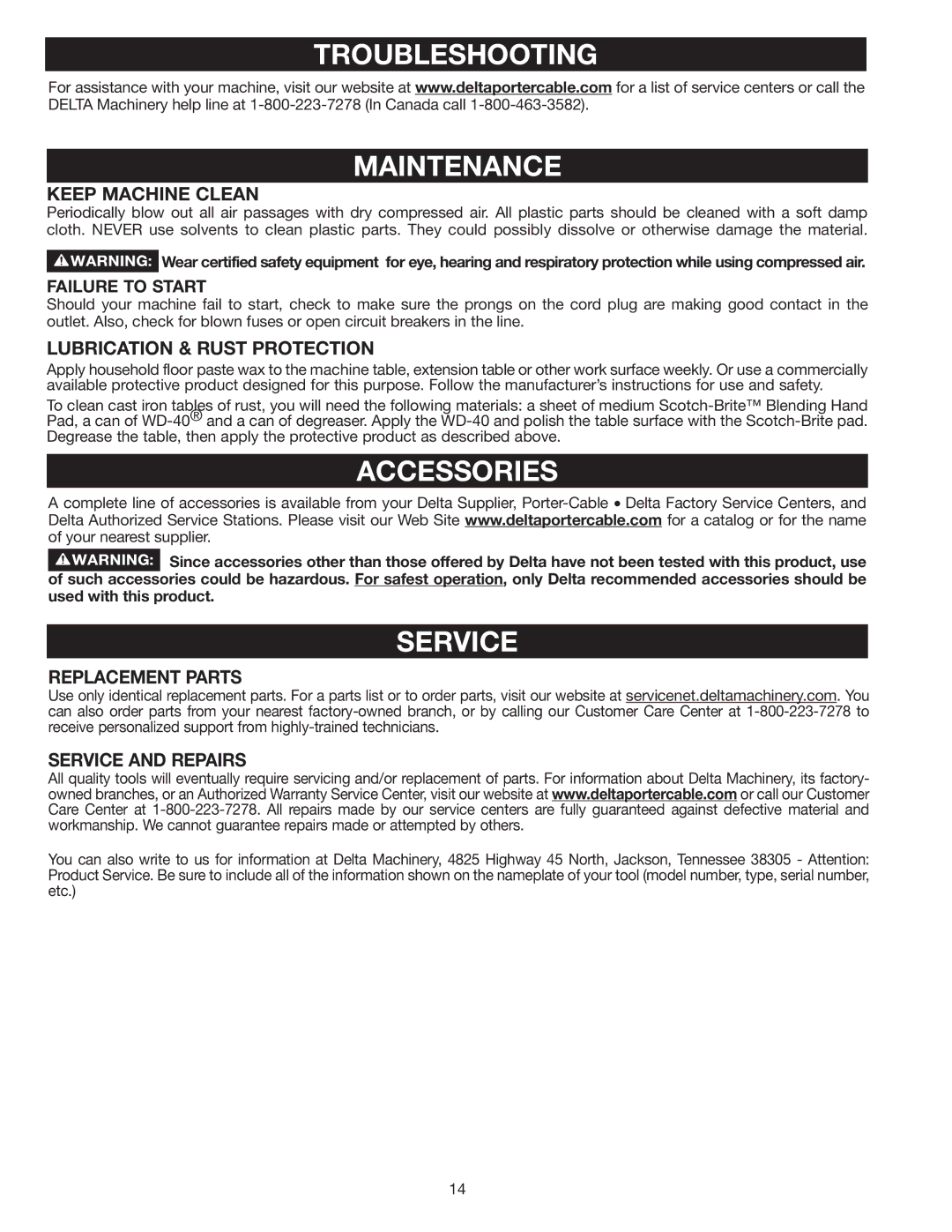 Delta GR450 instruction manual Troubleshooting Maintenance, Accessories, Service 