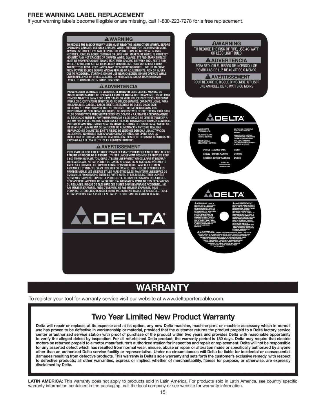 Delta GR450 instruction manual Warranty, Free warning label replacement 