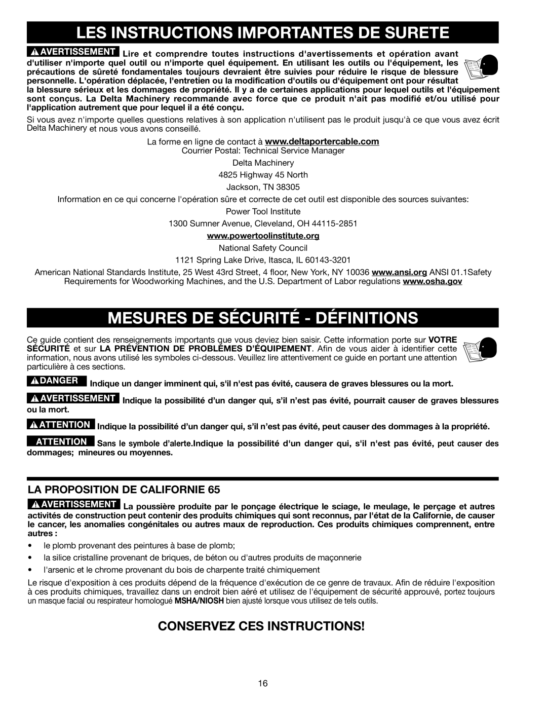 Delta GR450 LES Instructions Importantes DE Surete, Mesures DE Sécurité Définitions, LA Proposition DE Californie 