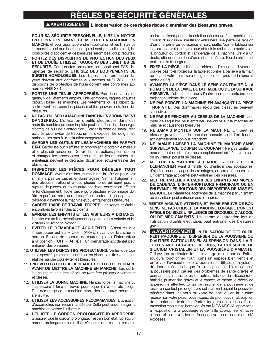 Delta GR450 instruction manual Règles DE Sécurité Générales 