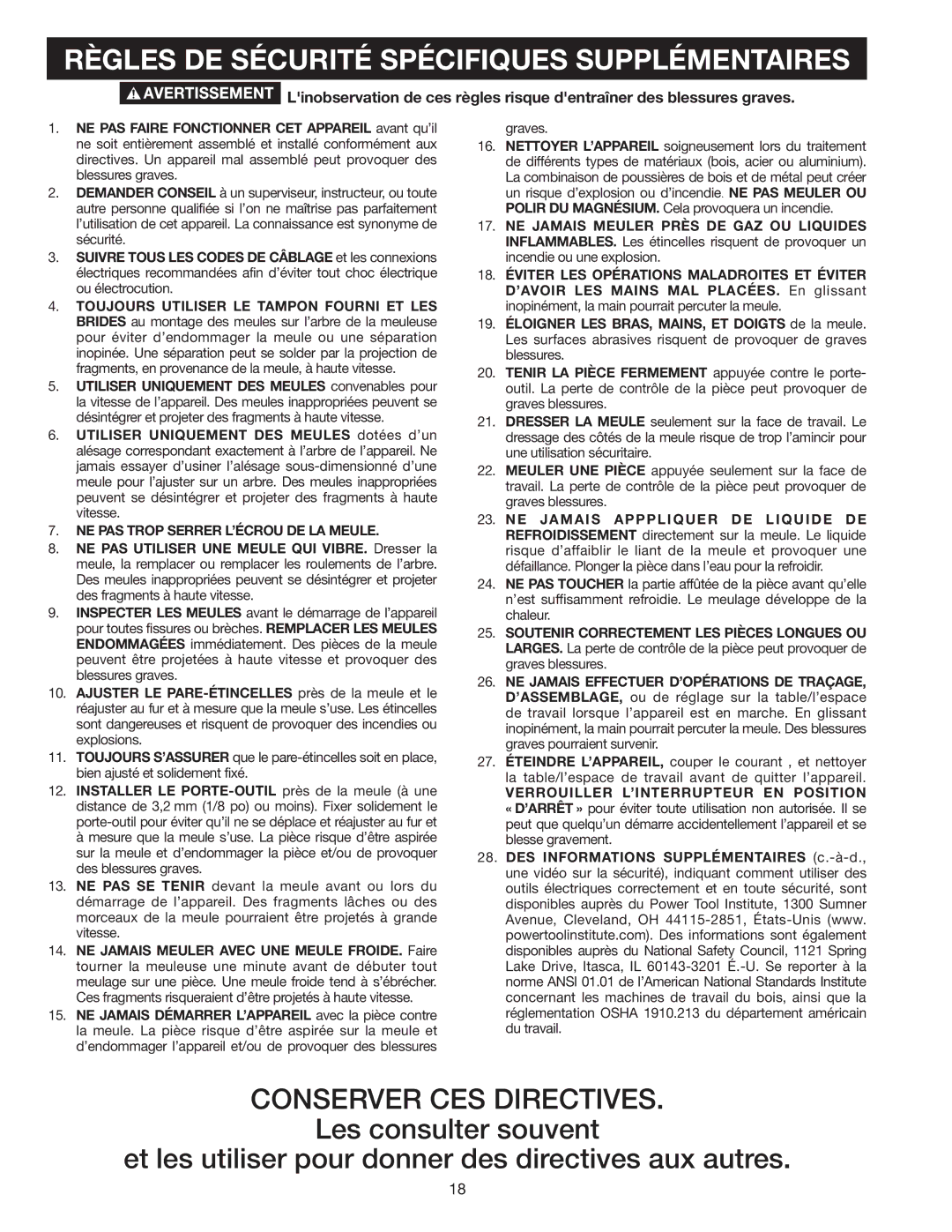 Delta GR450 instruction manual Règles DE Sécurité Spécifiques Supplémentaires, NE PAS Trop Serrer L’ÉCROU DE LA Meule 