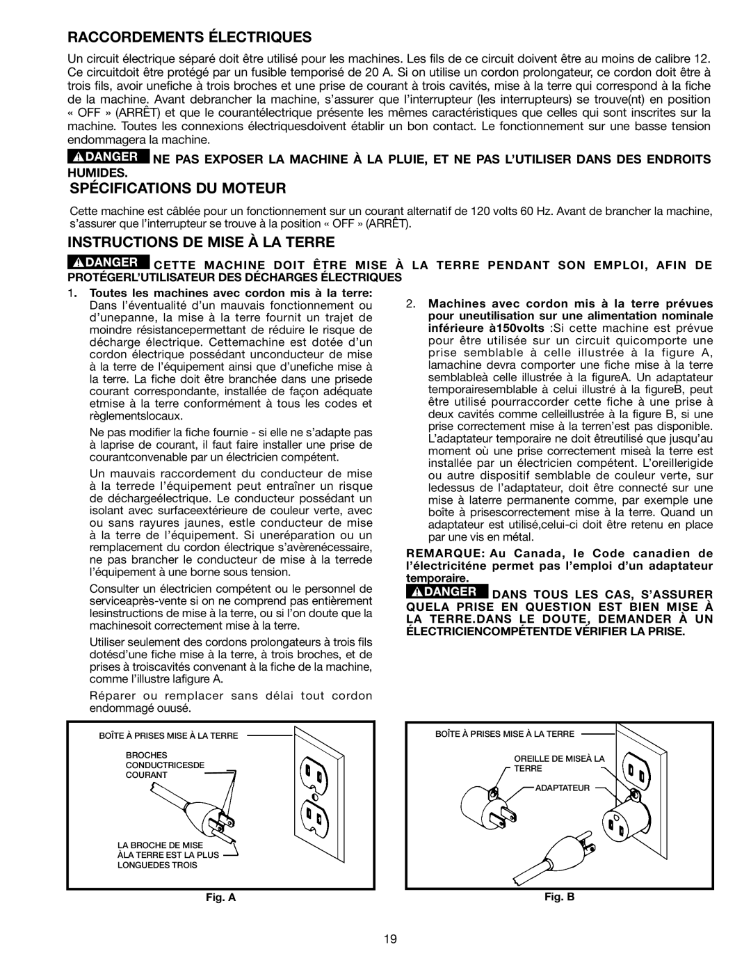 Delta GR450 instruction manual Raccordements Électriques, Spécifications DU Moteur, Instructions DE Mise À LA Terre 