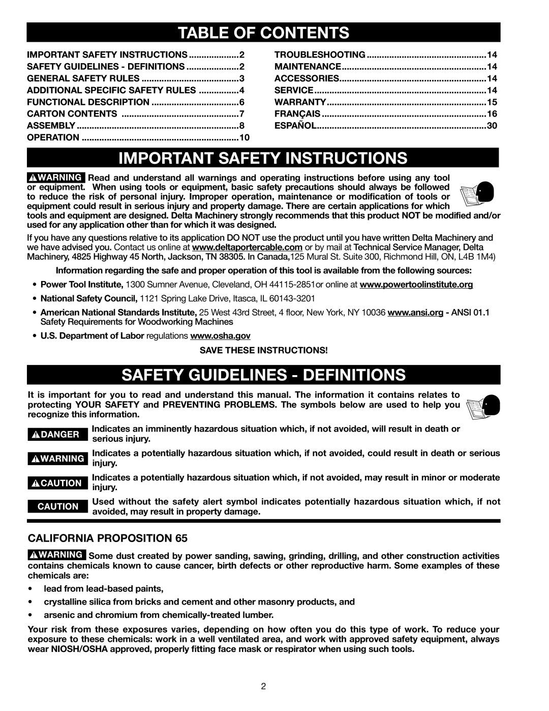 Delta GR450 instruction manual Table of Contents, Important Safety Instructions 