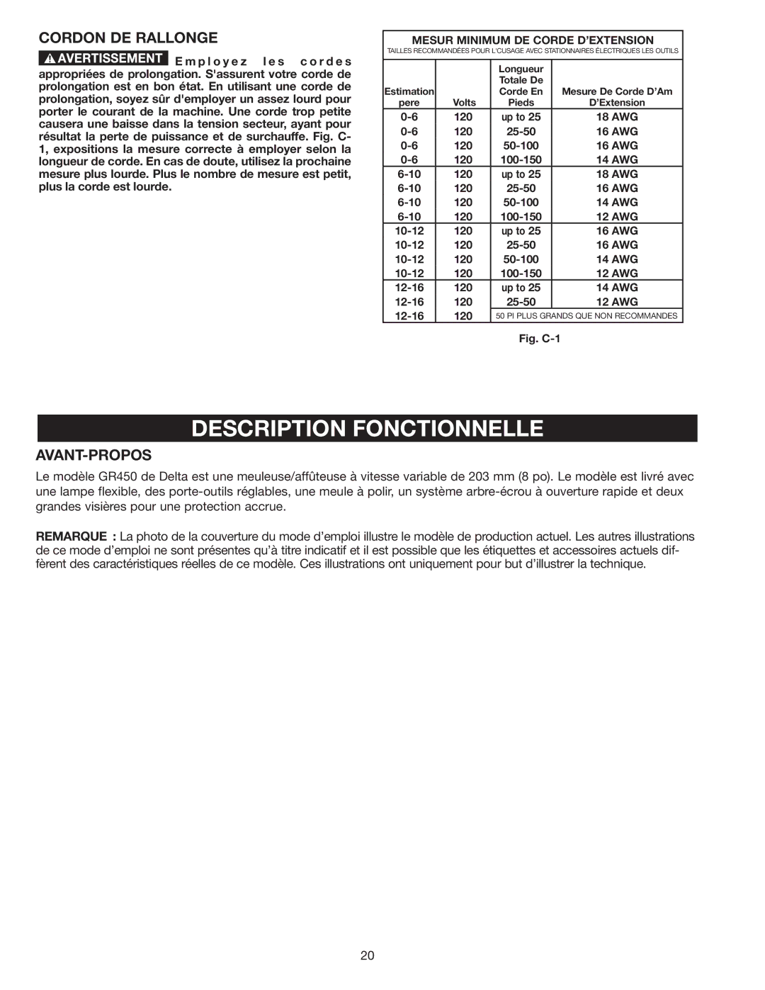 Delta GR450 instruction manual Description Fonctionnelle, Cordon DE Rallonge, Avant-Propos 