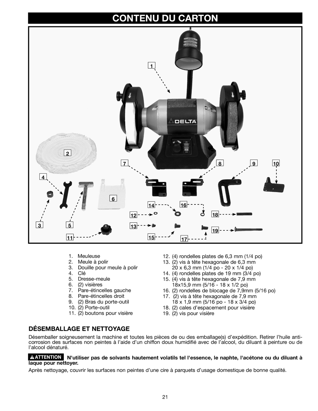 Delta GR450 instruction manual Contenu DU Carton, Désemballage ET Nettoyage 