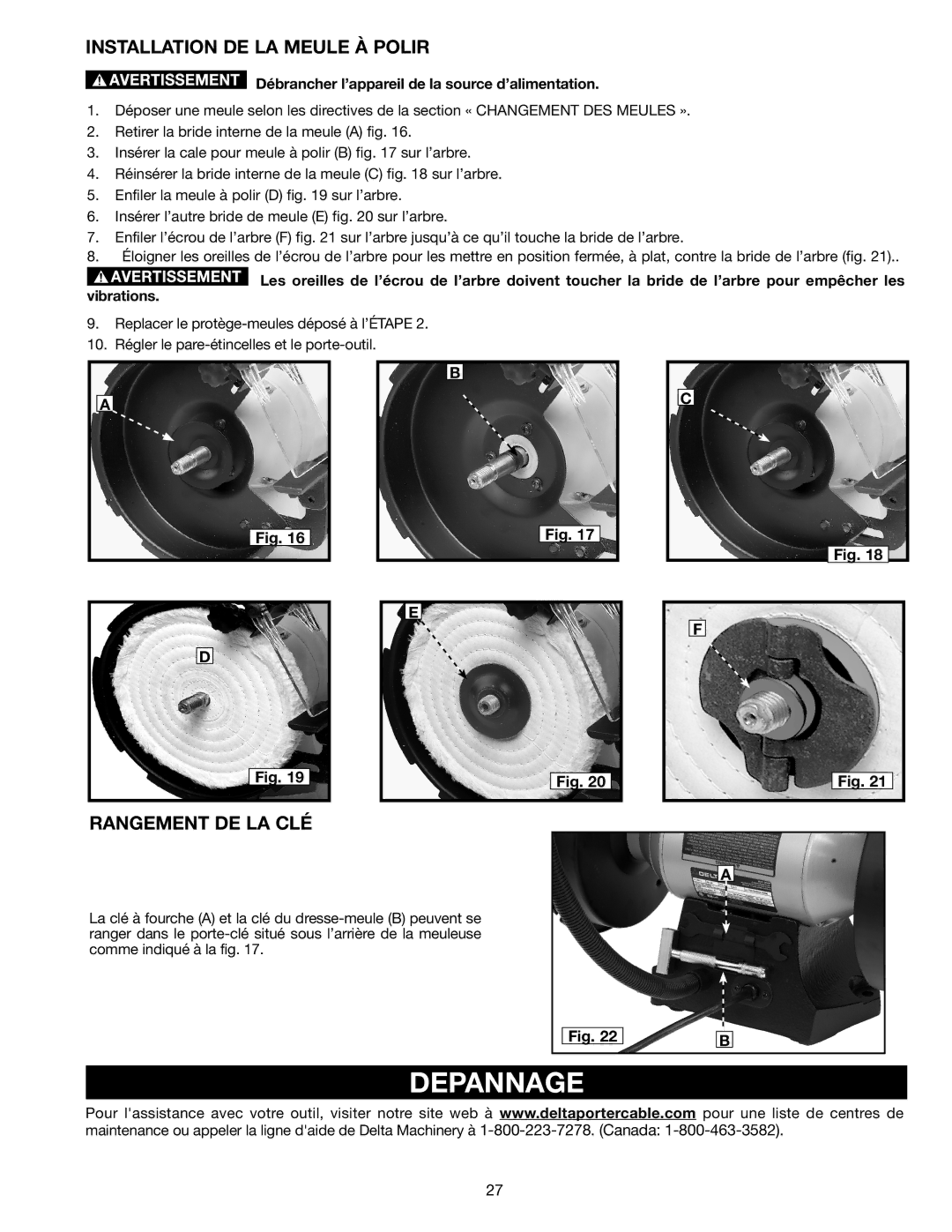 Delta GR450 instruction manual Depannage, Installation DE LA Meule À Polir, Rangement DE LA CLÉ 