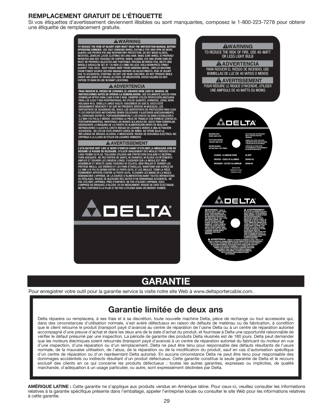 Delta GR450 instruction manual Garantie, Remplacement Gratuit DE Létiquette 