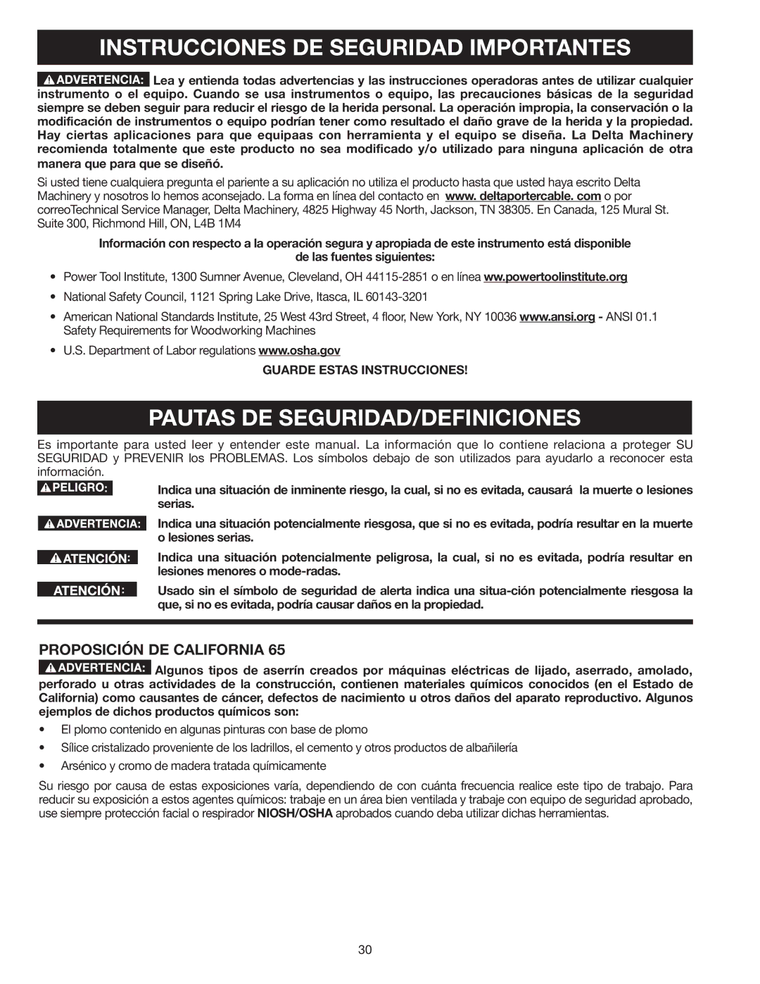 Delta GR450 Instrucciones DE Seguridad Importantes, Pautas DE SEGURIDAD/DEFINICIONES, Proposición de California 