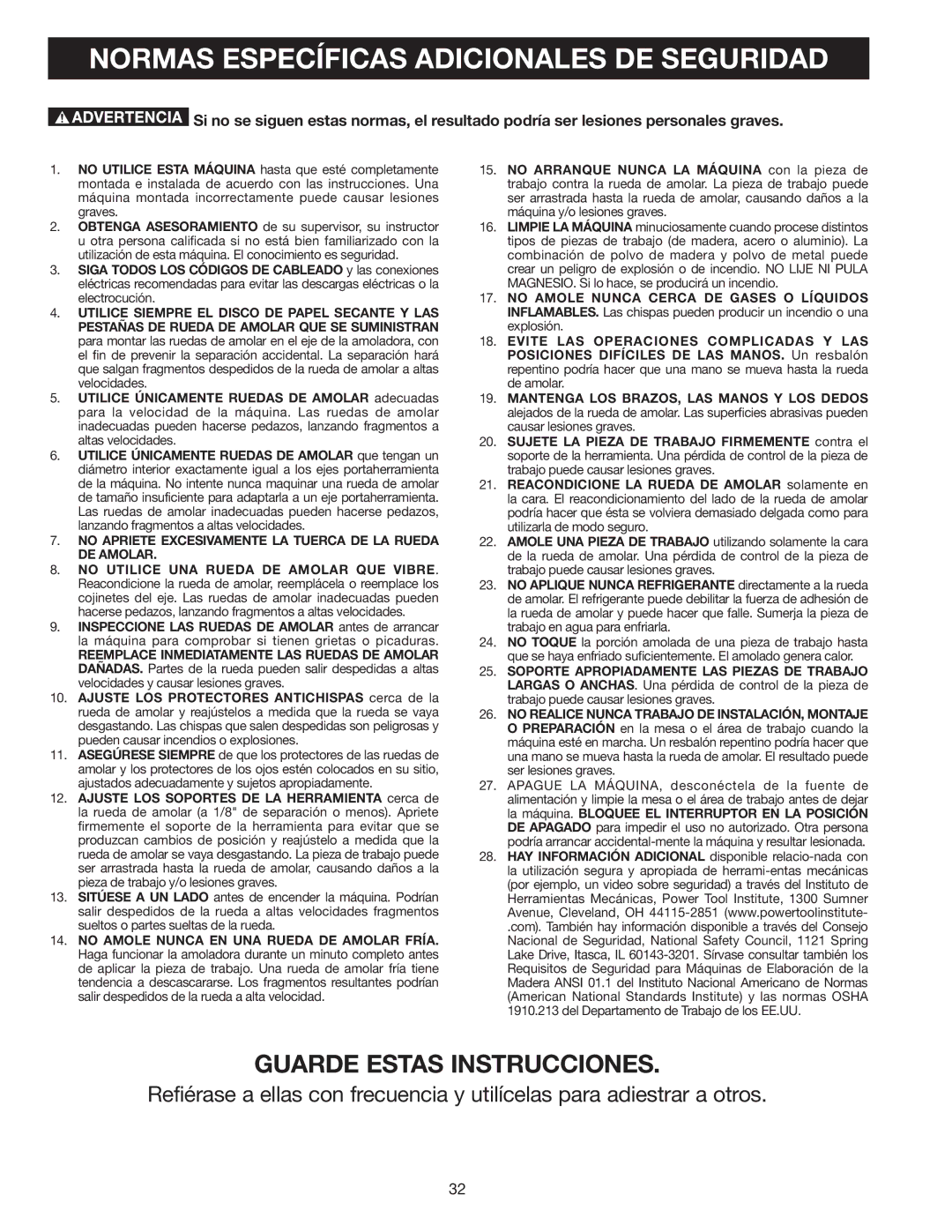 Delta GR450 instruction manual Normas Específicas Adicionales DE Seguridad, Guarde Estas Instrucciones 