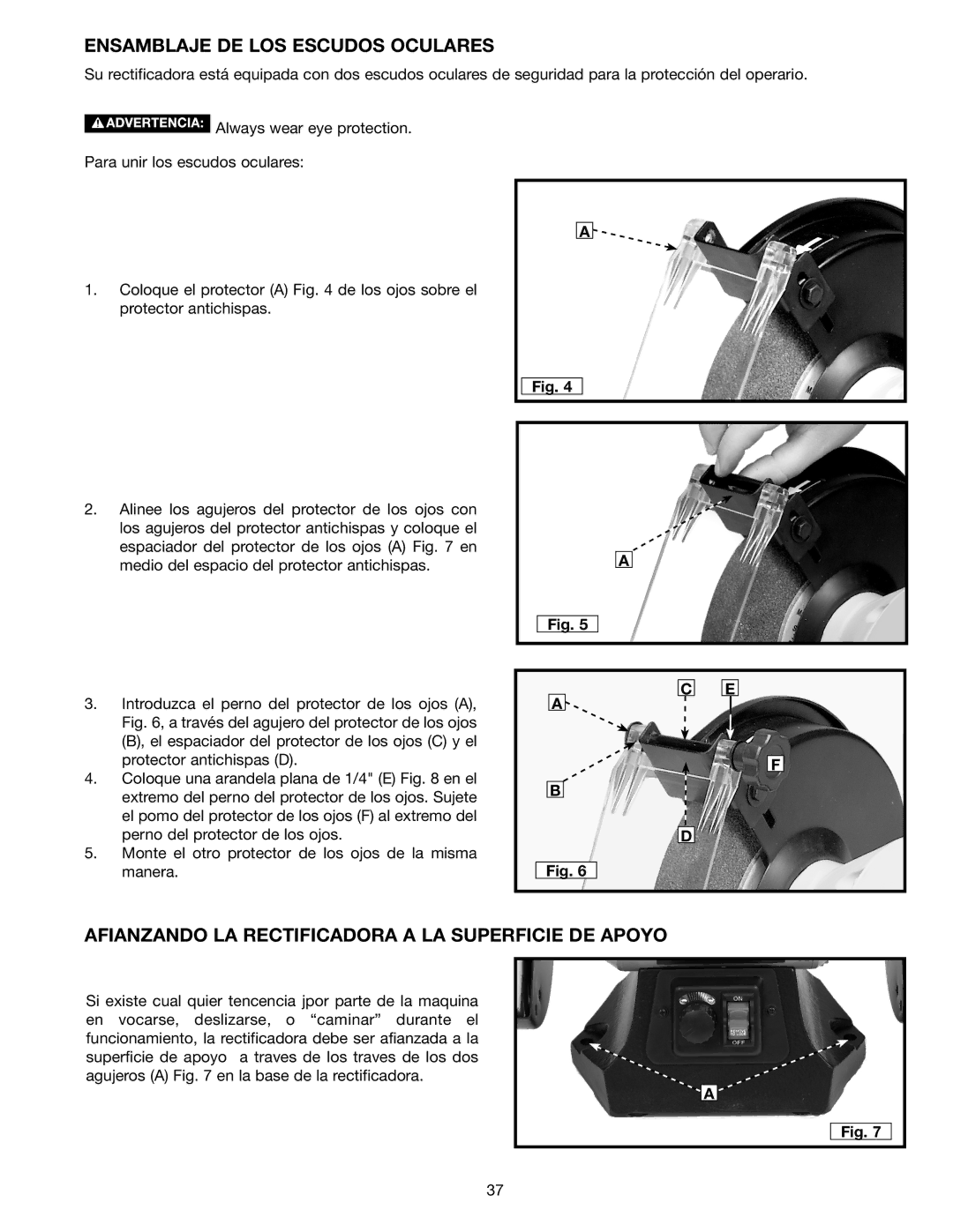 Delta GR450 instruction manual Ensamblaje DE LOS Escudos Oculares, Afianzando LA Rectificadora a LA Superficie DE Apoyo 