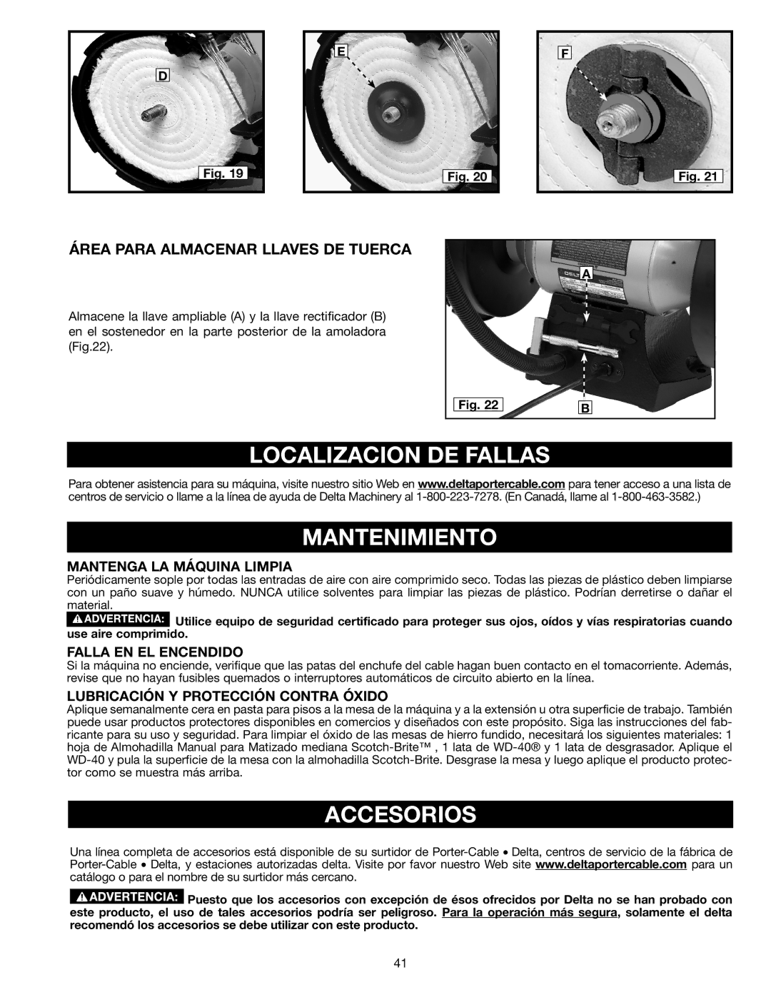 Delta GR450 instruction manual Localizacion DE Fallas Mantenimiento, Accesorios, Área Para Almacenar Llaves DE Tuerca 