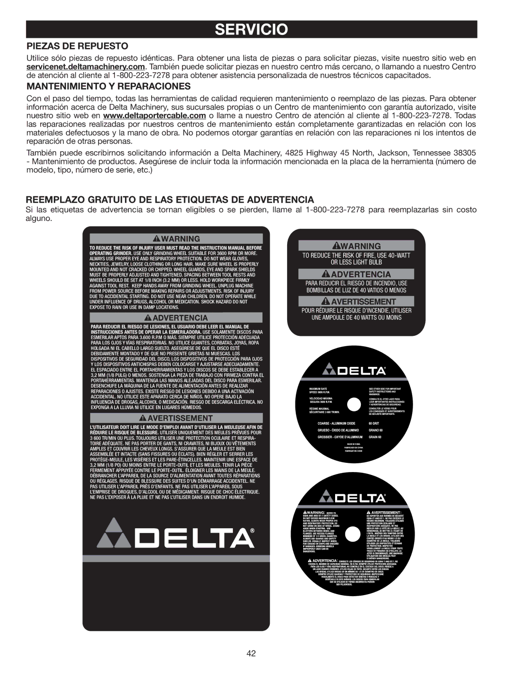 Delta GR450 Servicio, Piezas DE Repuesto, Mantenimiento Y Reparaciones, Reemplazo Gratuito DE LAS Etiquetas DE Advertencia 