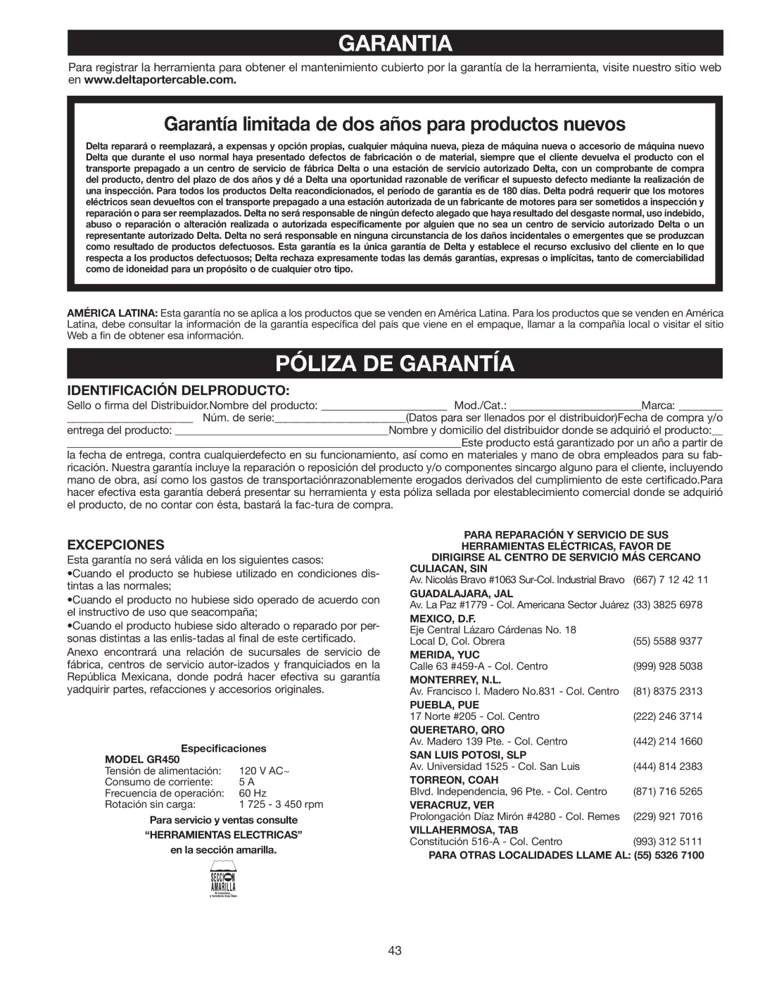 Delta GR450 instruction manual Garantia, Identificación Delproducto, Excepciones 