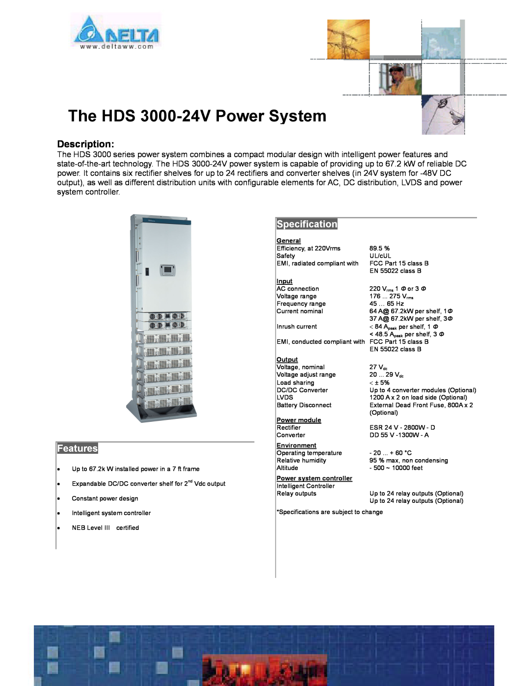 Delta specifications The HDS 3000-24V Power System, Description, Features, Specification, General, Input, Output 