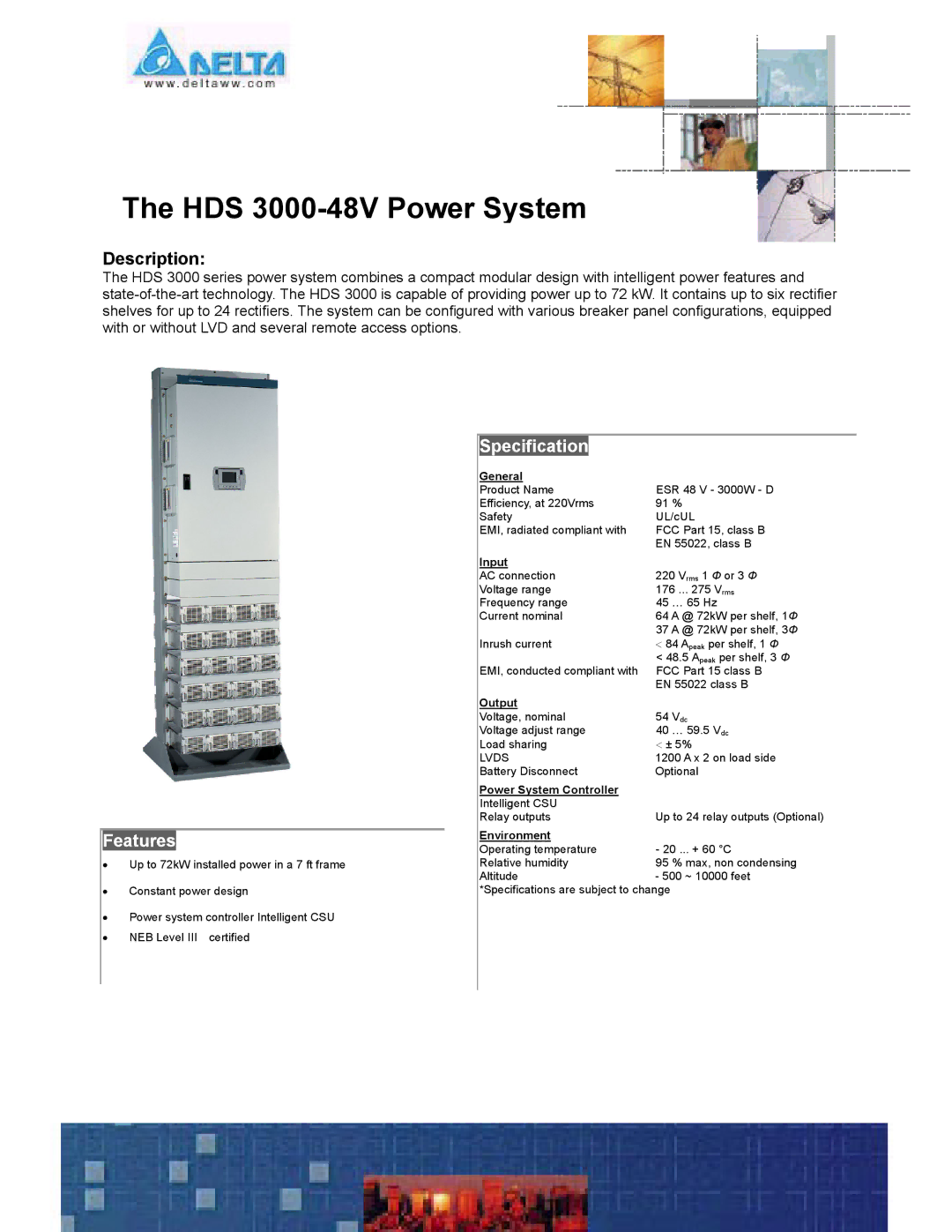 Delta specifications HDS 3000-48V Power System, Description, Features, Specification 