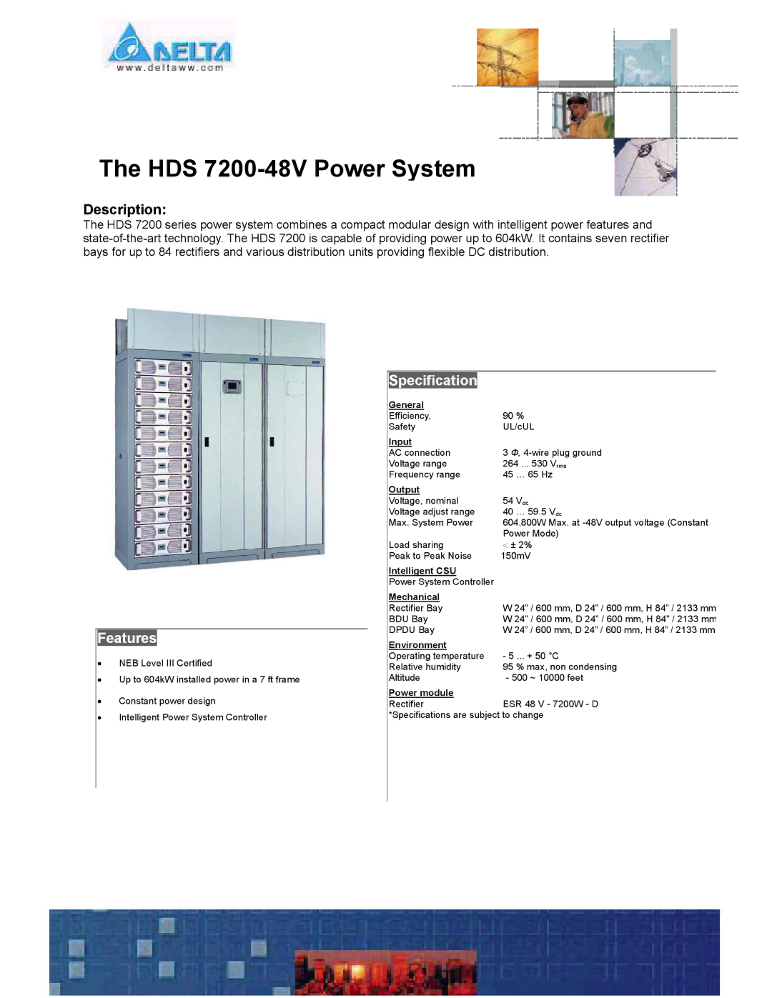 Delta specifications HDS 7200-48V Power System, Description, Features, Specification 