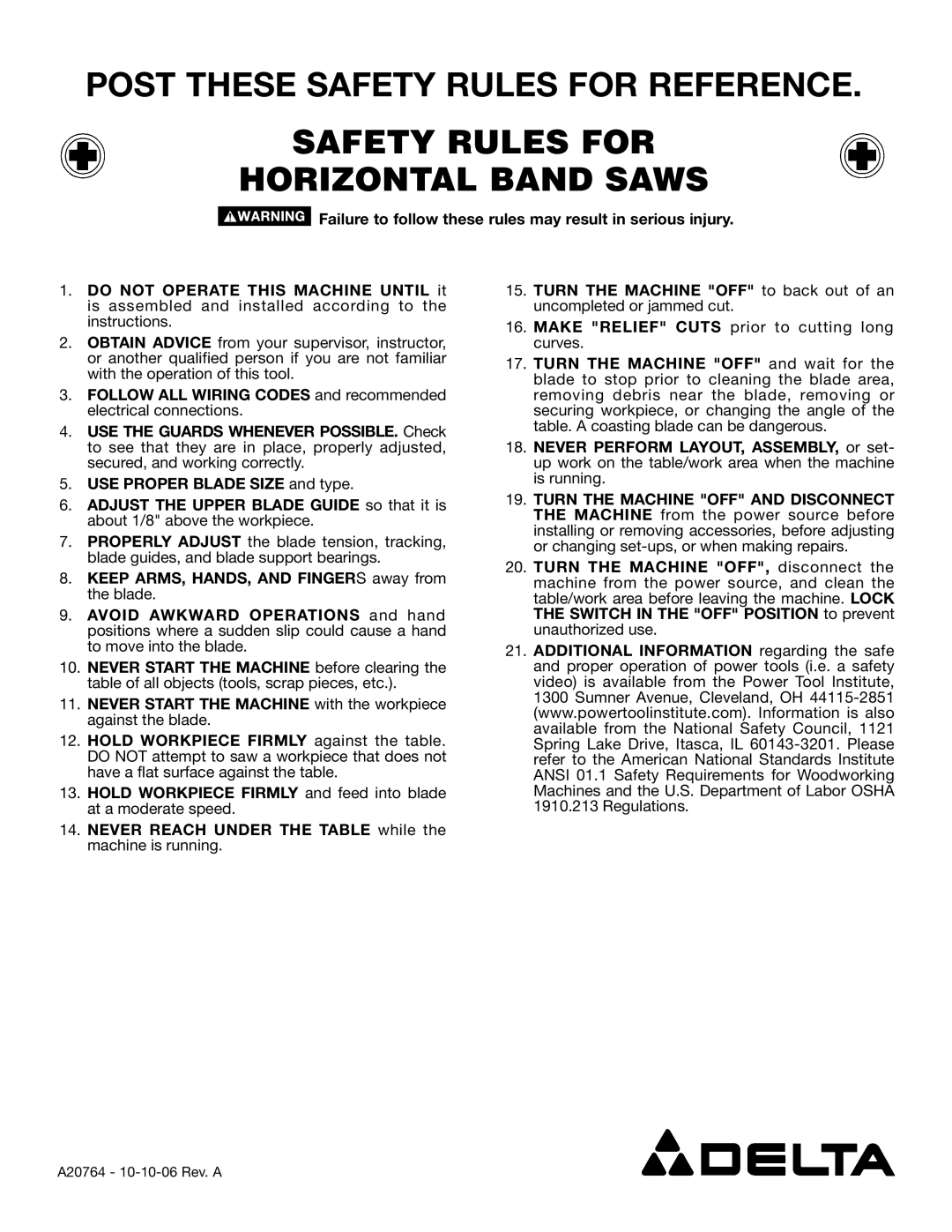 Delta manual Post These Safety Rules for Reference, Safety Rules for Horizontal Band Saws 