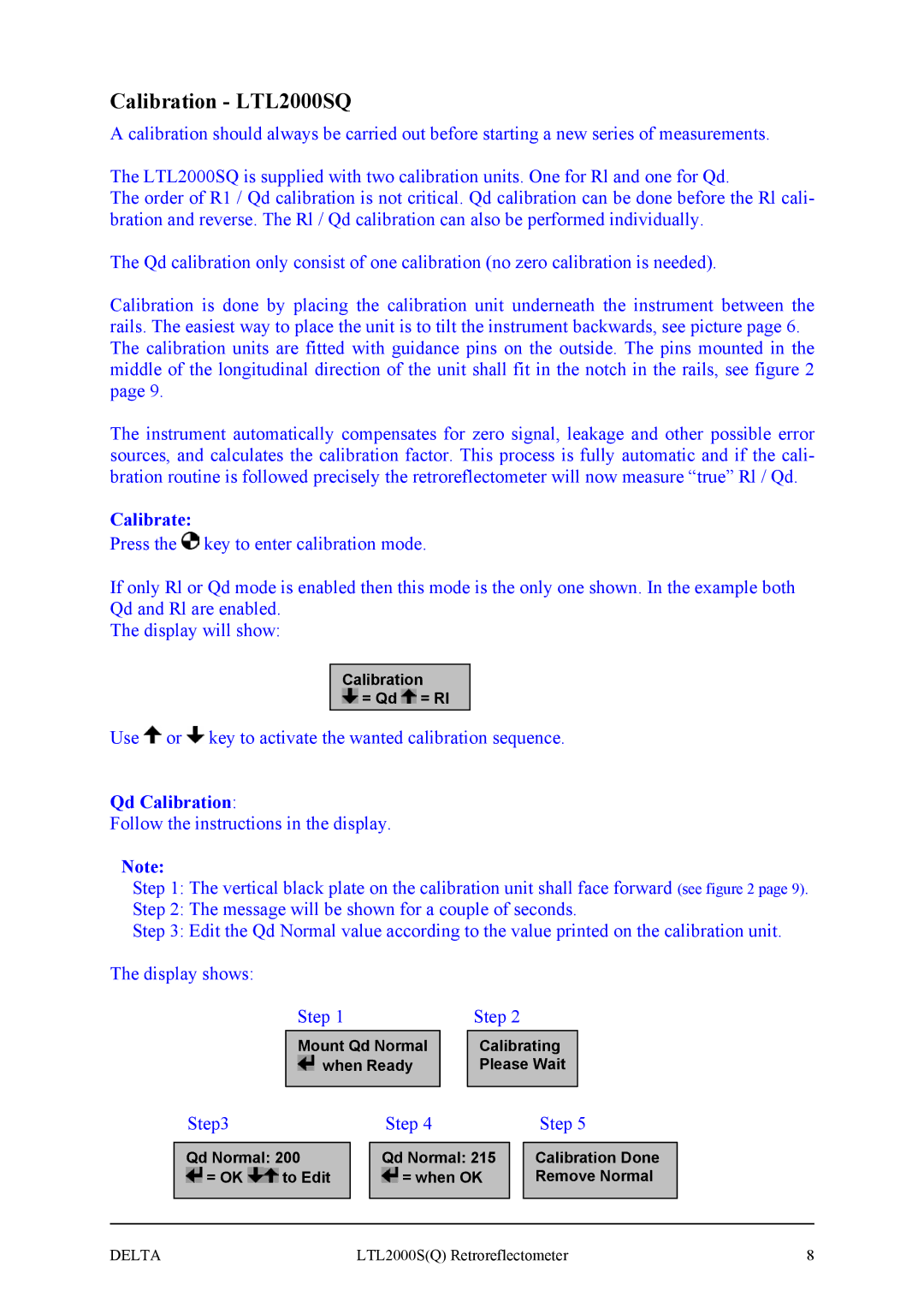 Delta manual Calibration LTL2000SQ, Calibrate, Qd Calibration 