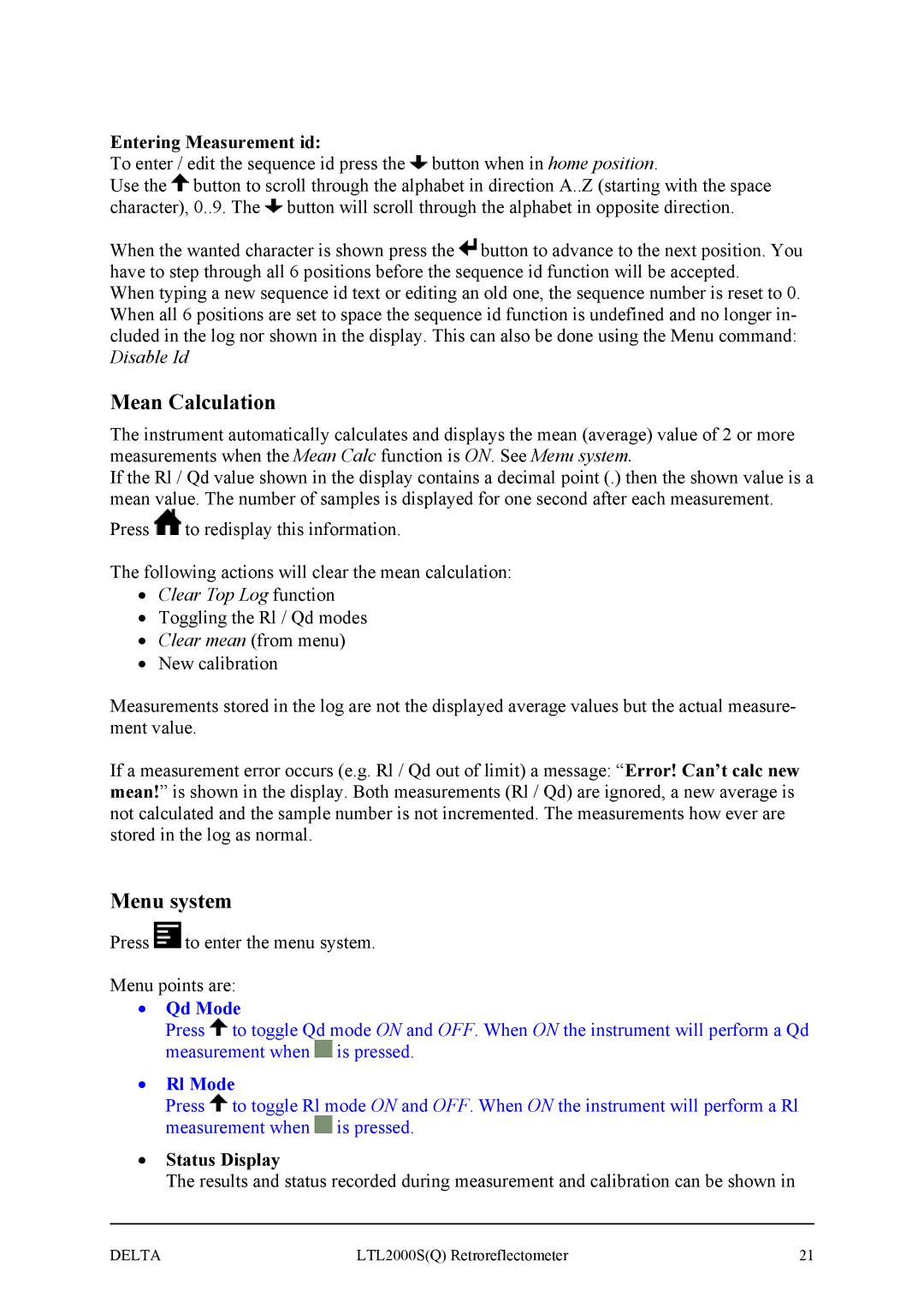 Delta LTL2000S manual Mean Calculation, Menu system, Qd Mode, Rl Mode 