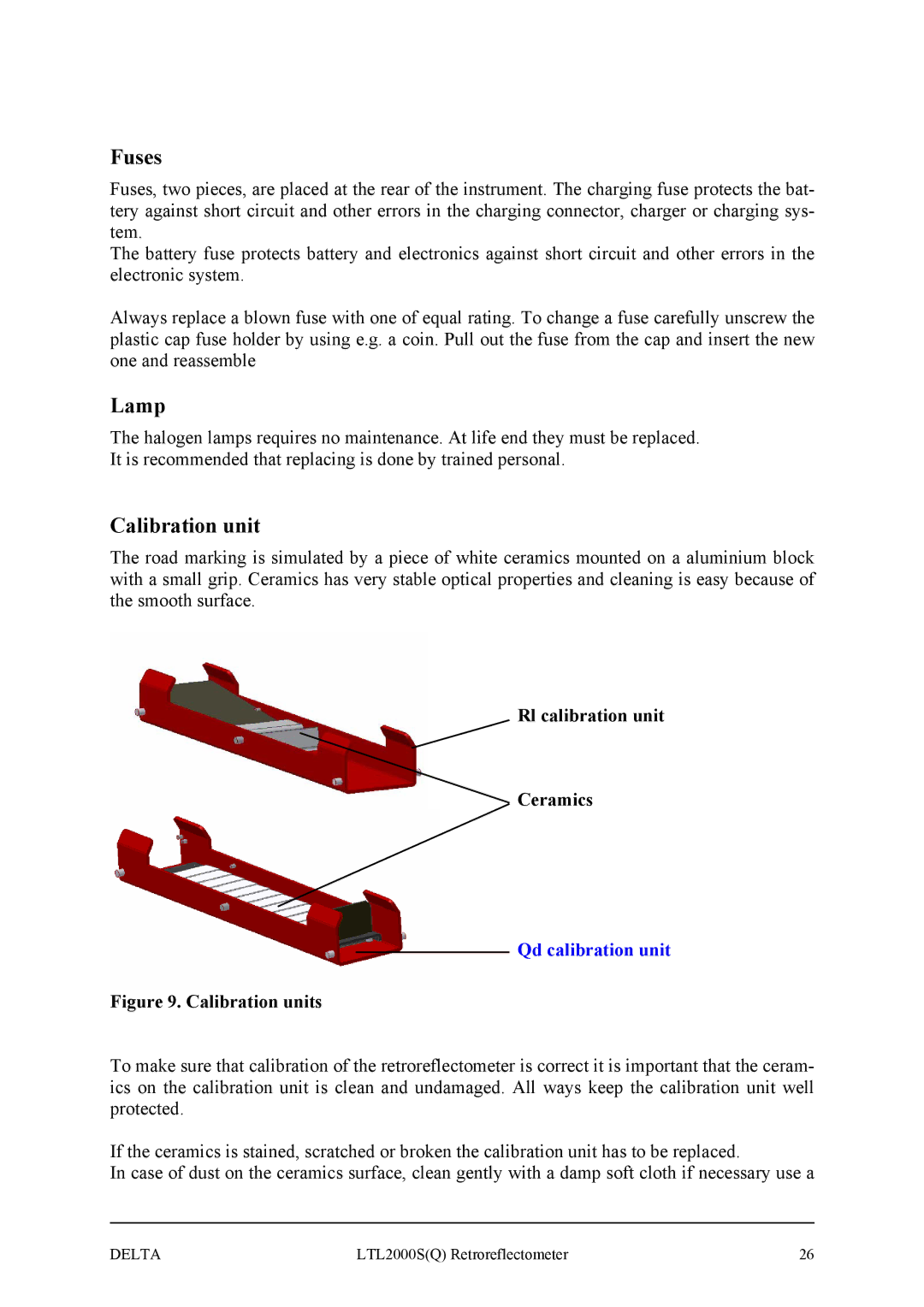 Delta LTL2000S manual Fuses, Lamp, Calibration unit, Rl calibration unit Ceramics, Qd calibration unit 