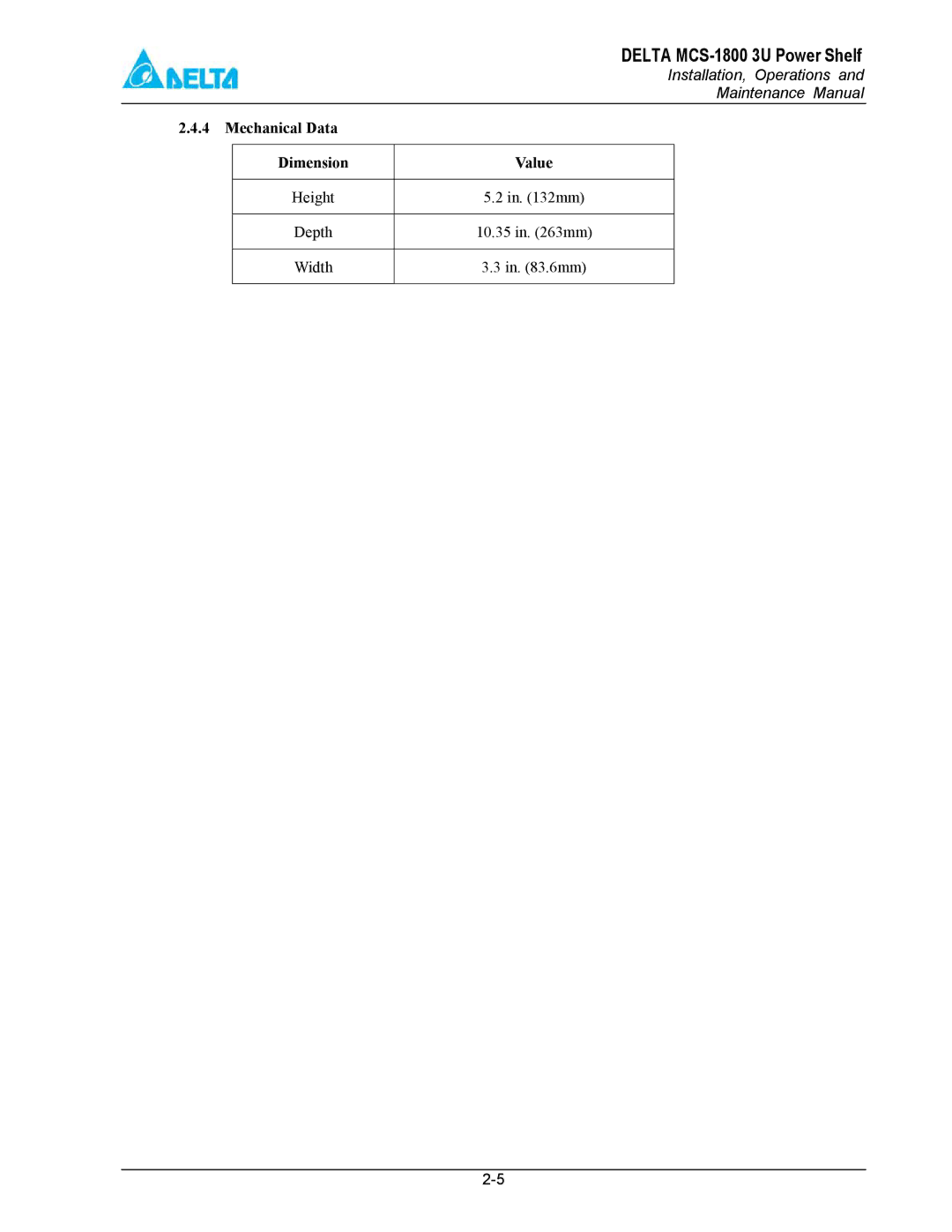 Delta MCS-1800 manual Mechanical Data Dimension Value 