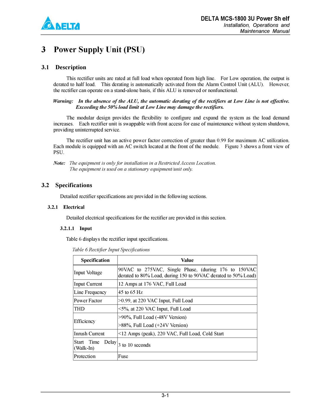 Delta MCS-1800 manual Power Supply Unit PSU, Description, Specifications, Electrical 