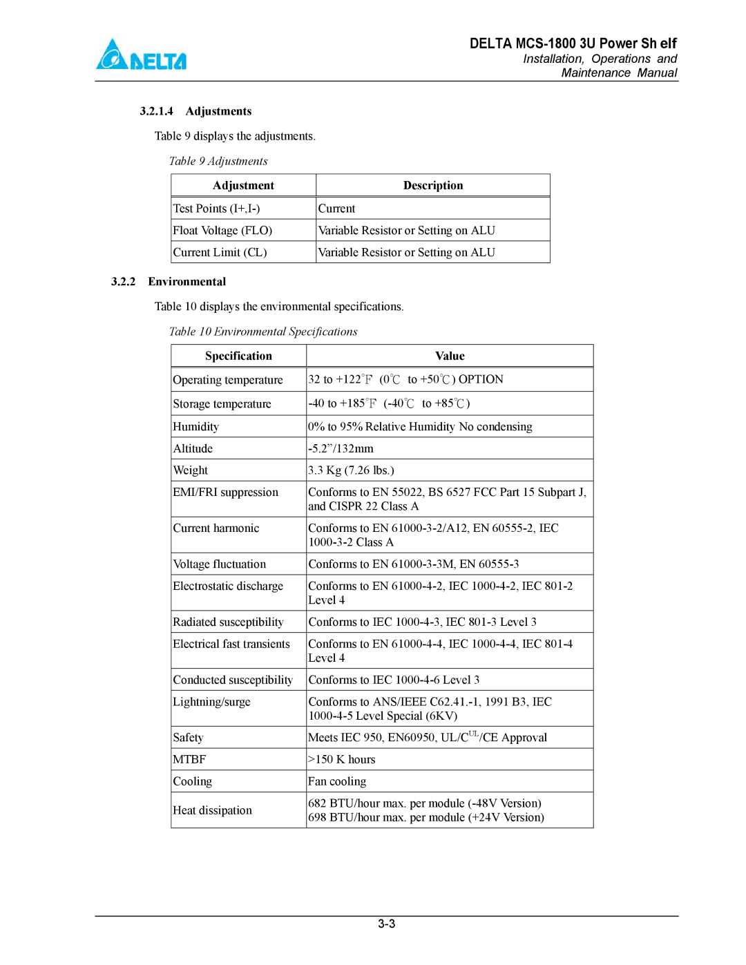 Delta MCS-1800 manual Adjustments, Adjustment Description, Environmental 