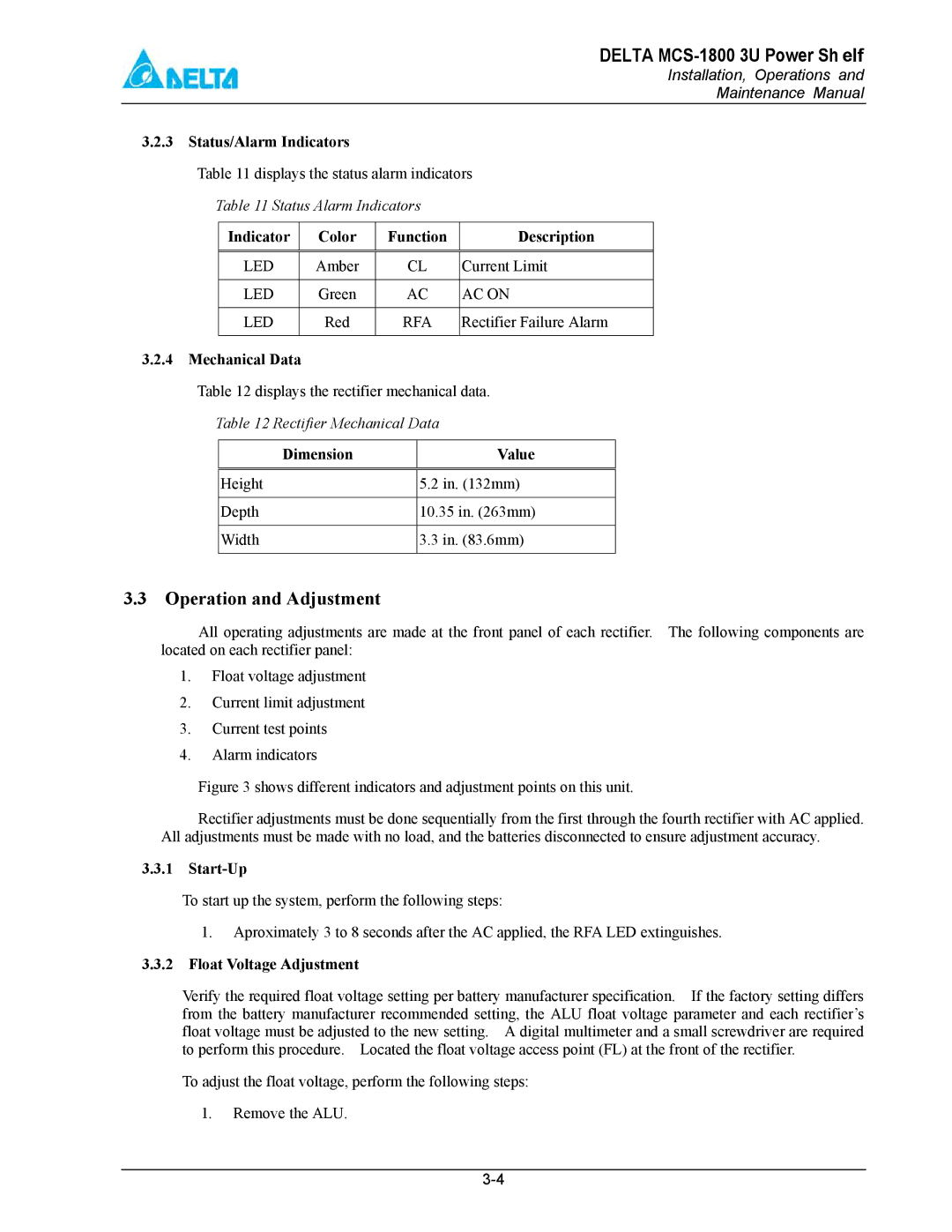 Delta MCS-1800 manual Operation and Adjustment 