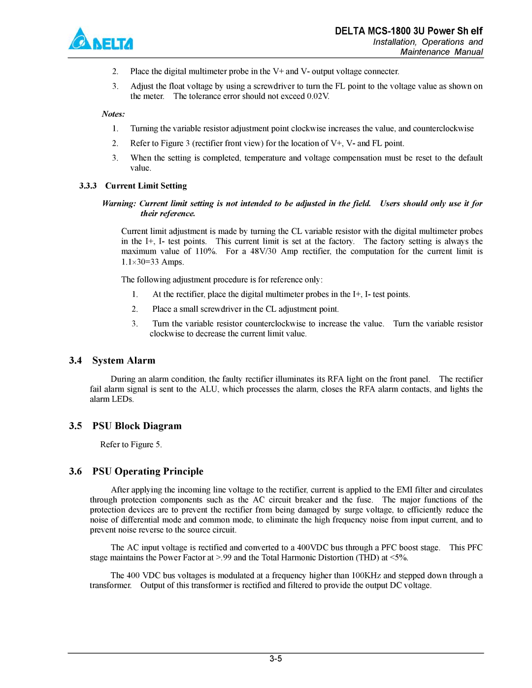 Delta MCS-1800 manual System Alarm, PSU Block Diagram, PSU Operating Principle, Current Limit Setting 