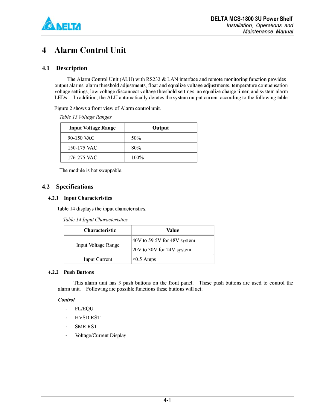 Delta MCS-1800 Alarm Control Unit, Input Voltage Range Output, Input Characteristics, Characteristic Value, Push Buttons 