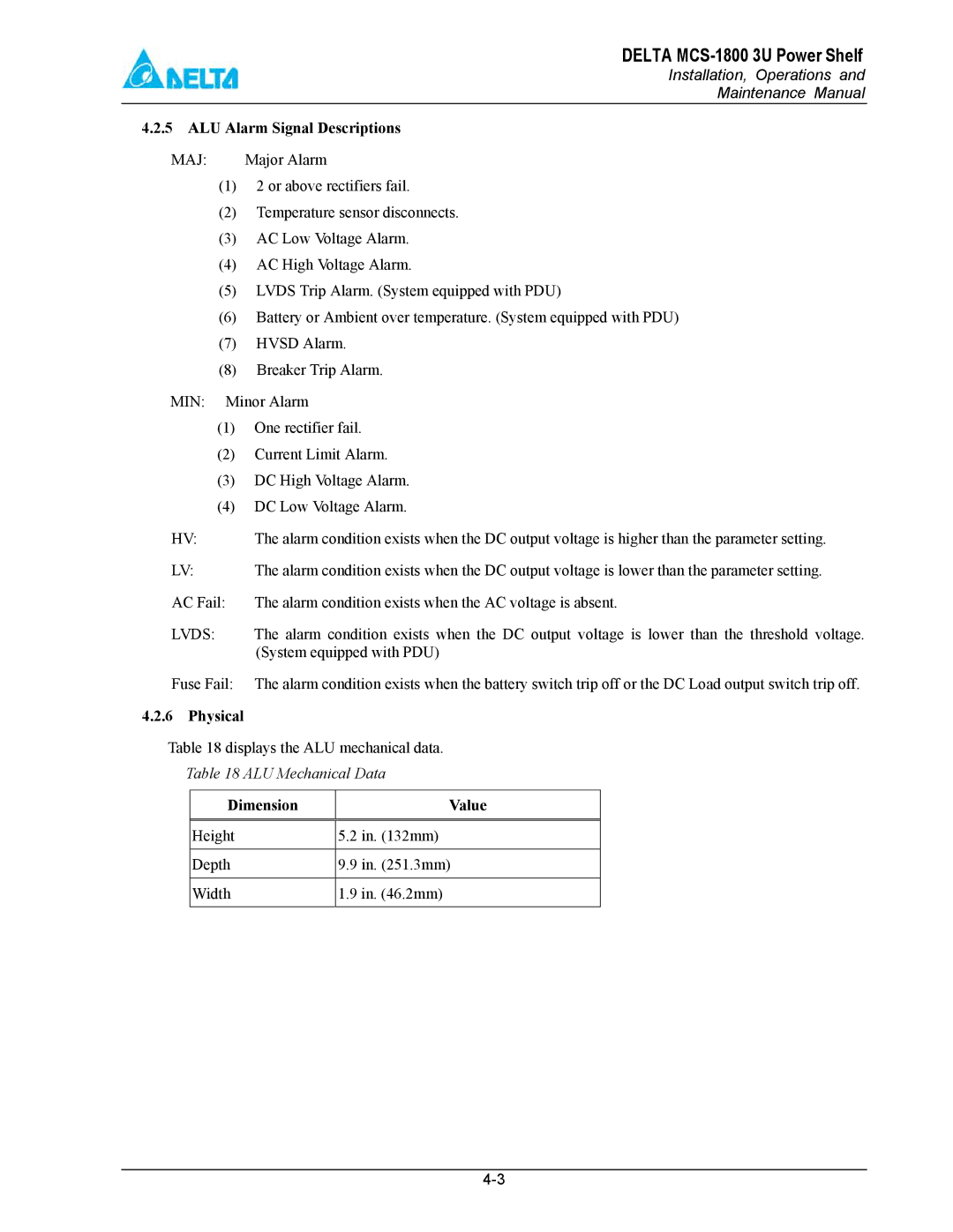 Delta MCS-1800 manual ALU Alarm Signal Descriptions, Physical 