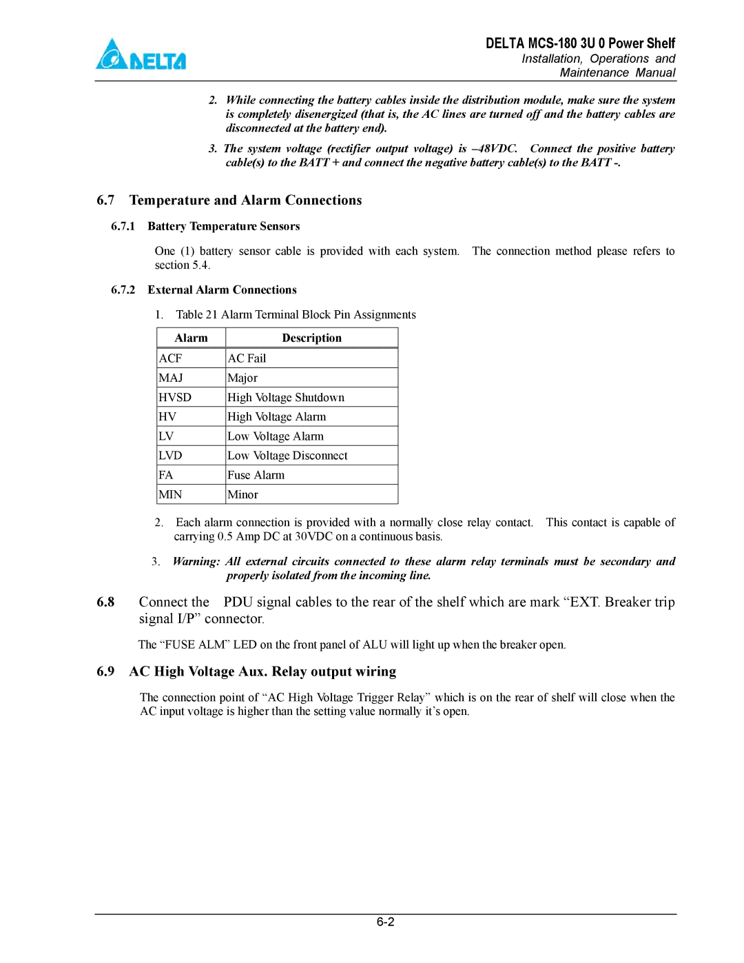 Delta MCS-1800 manual Temperature and Alarm Connections, Signal I/P connector, AC High Voltage Aux. Relay output wiring 