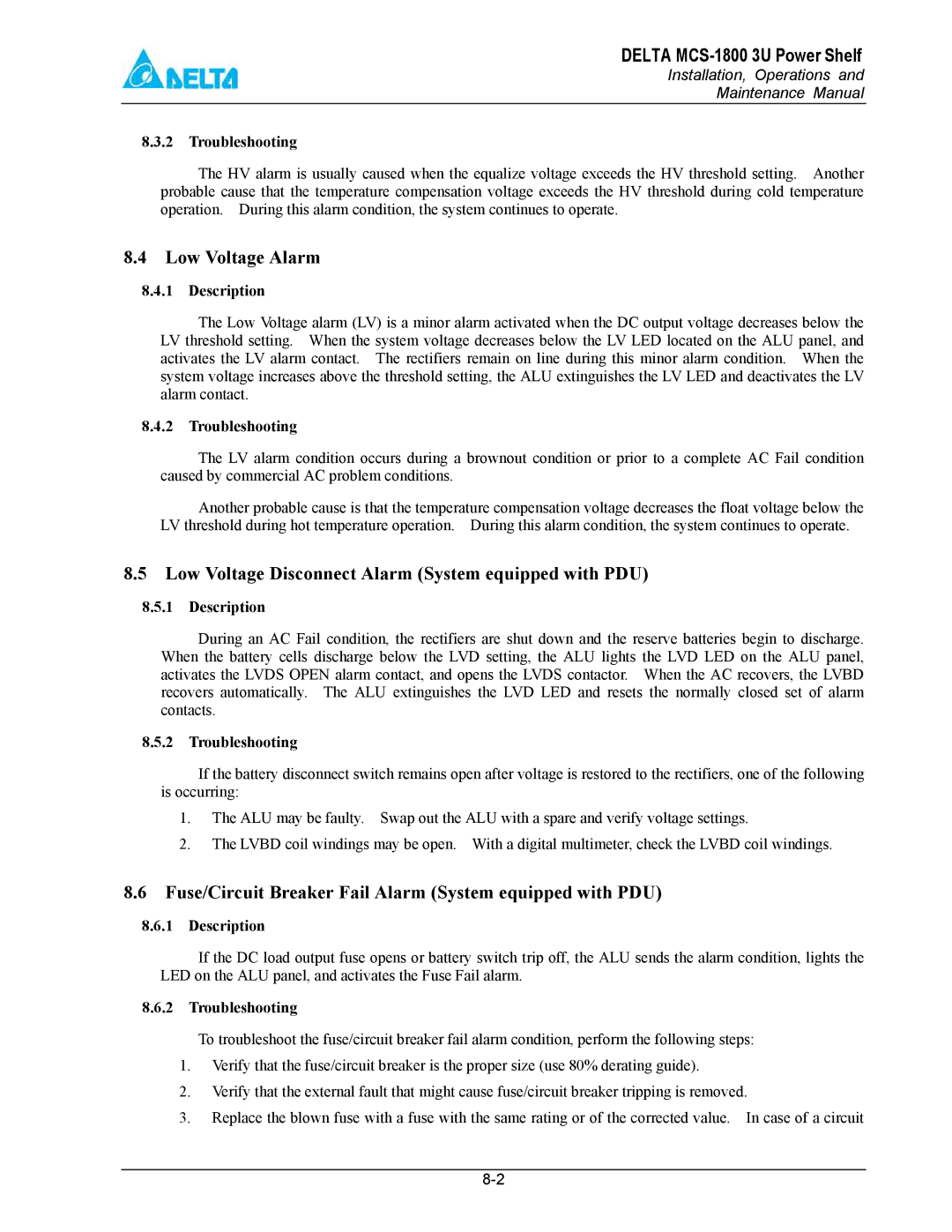 Delta MCS-1800 manual Low Voltage Alarm, Low Voltage Disconnect Alarm System equipped with PDU 
